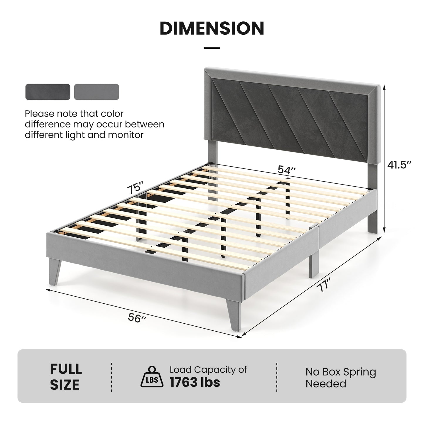 Luxurious Velvet Platform Bed with High Headboard and Wooden Slats - Full Size