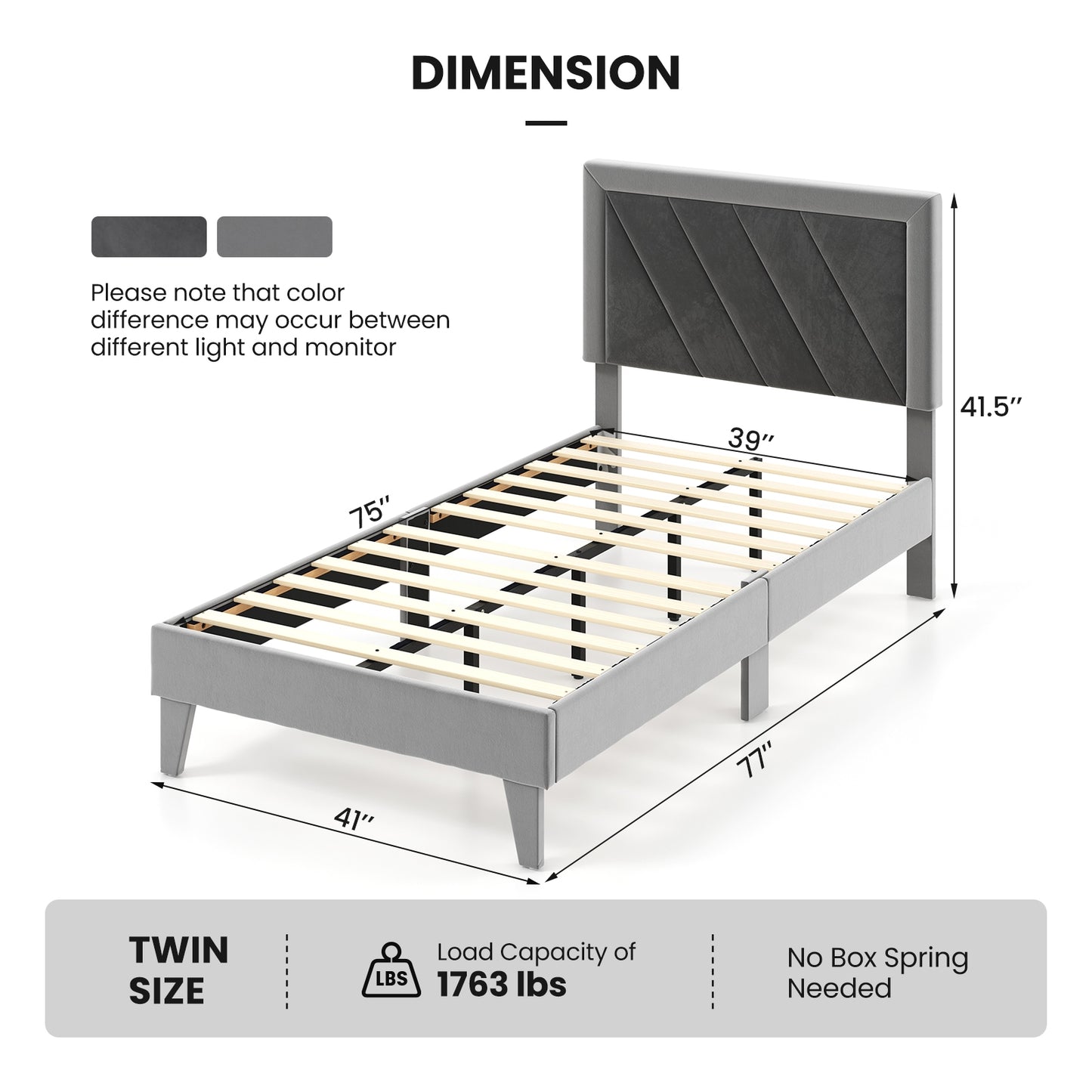 Luxurious Velvet Platform Bed with High Headboard and Wooden Slats - Twin Size