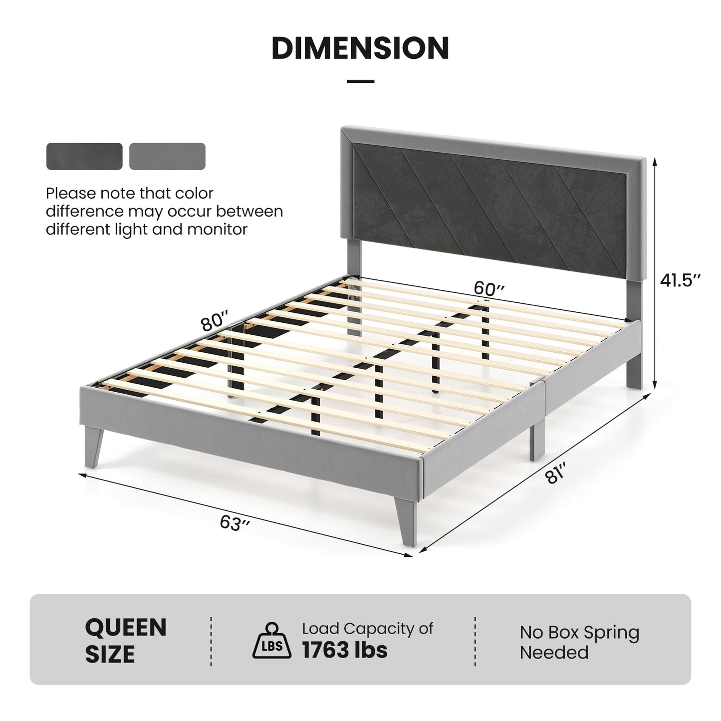 Luxurious Velvet Platform Bed with High Headboard and Wooden Slats - Queen Size
