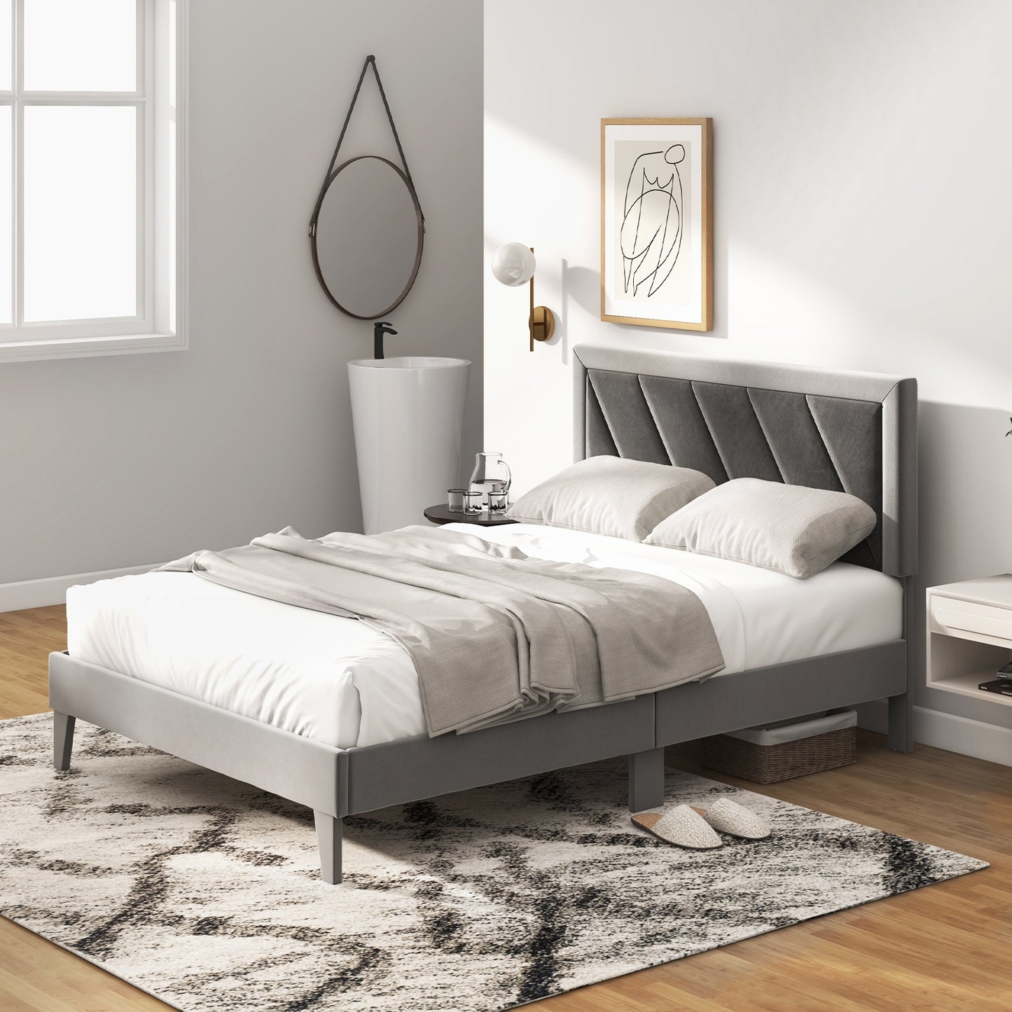 Luxurious Velvet Platform Bed with High Headboard and Wooden Slats - Full Size
