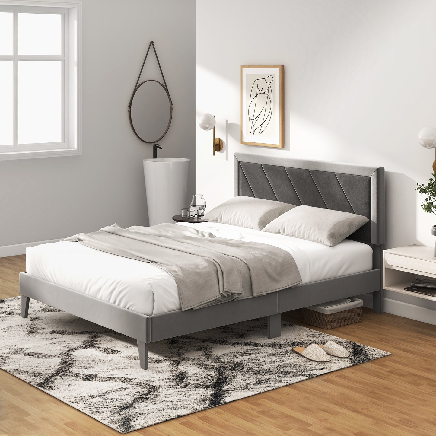 Luxurious Velvet Platform Bed with High Headboard and Wooden Slats - Queen Size