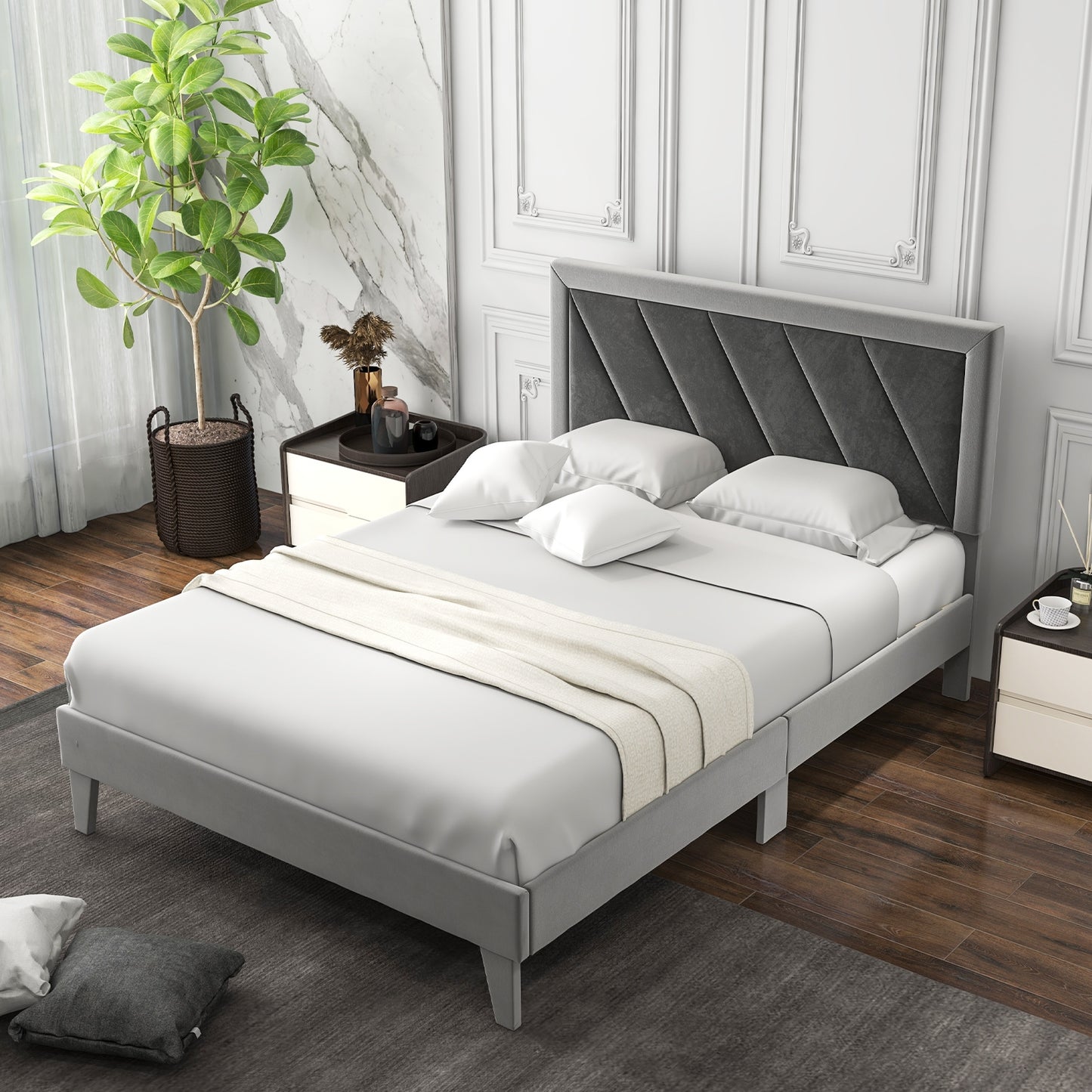 Luxurious Velvet Platform Bed with High Headboard and Wooden Slats - Full Size