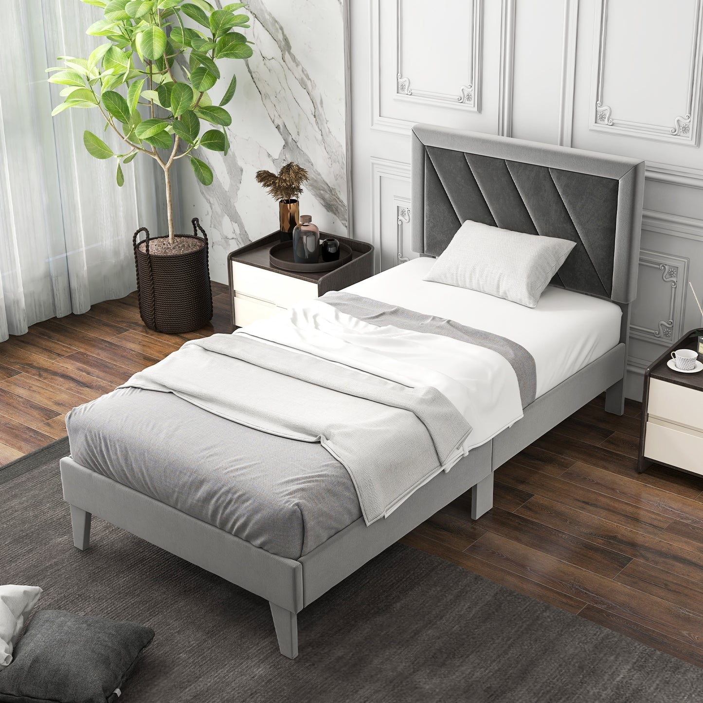 Luxurious Velvet Platform Bed with High Headboard and Wooden Slats - Twin Size