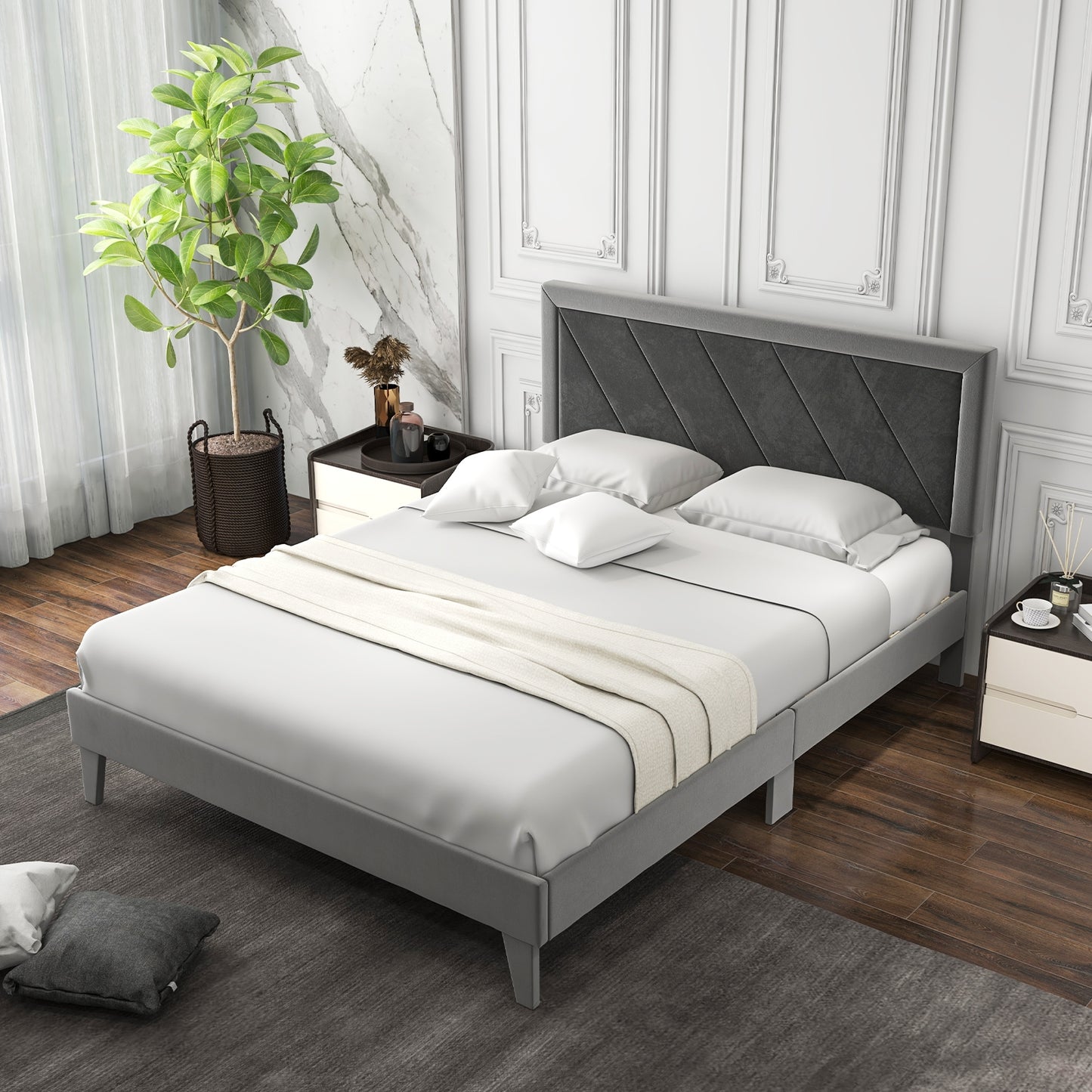 Luxurious Velvet Platform Bed with High Headboard and Wooden Slats - Queen Size