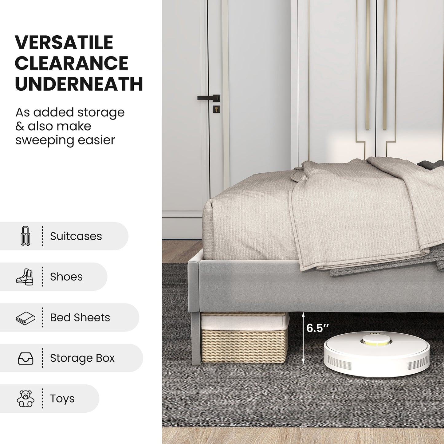 Luxurious Velvet Platform Bed with High Headboard and Wooden Slats - Queen Size