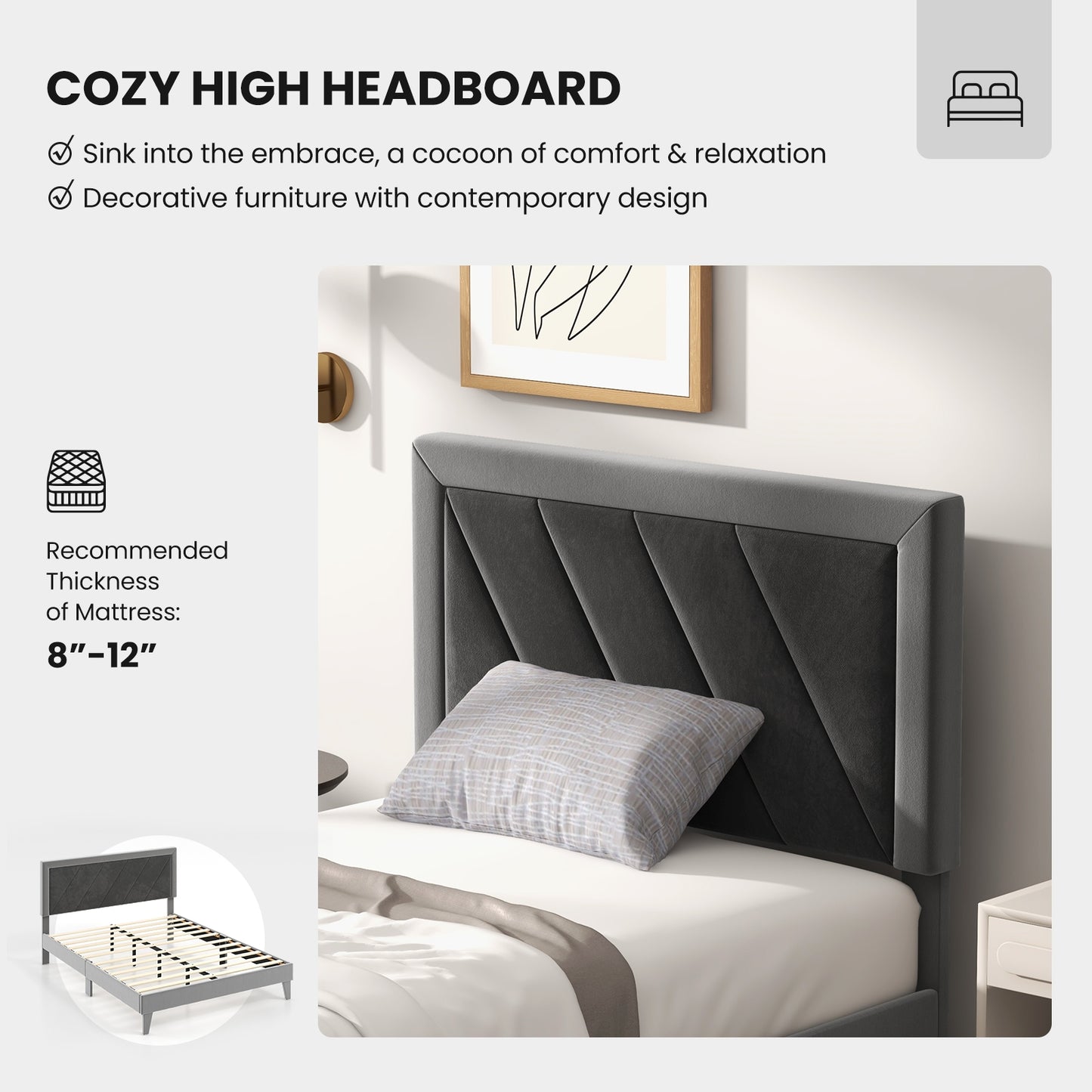 Luxurious Velvet Platform Bed with High Headboard and Wooden Slats - Twin Size