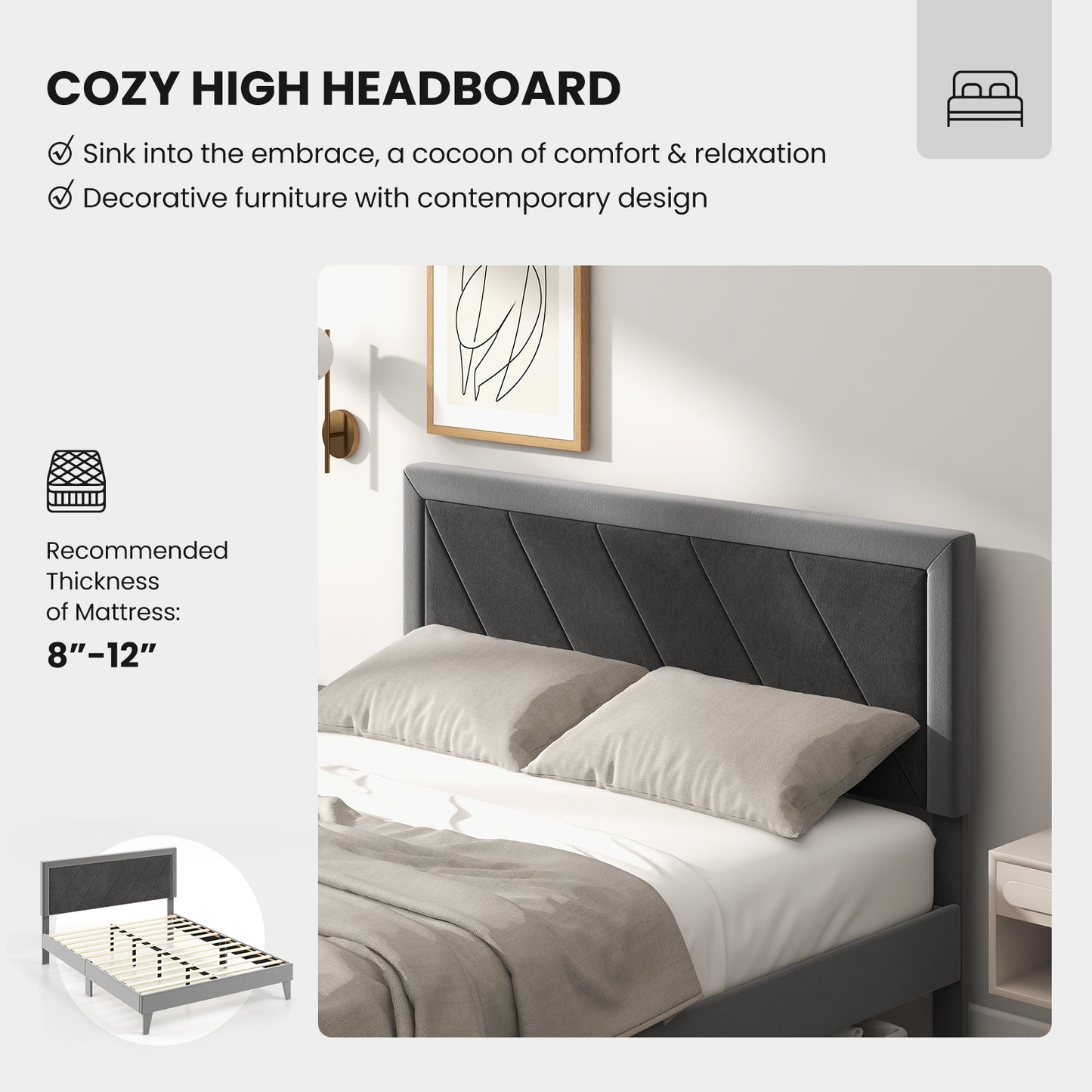 Luxurious Velvet Platform Bed with High Headboard and Wooden Slats - Queen Size