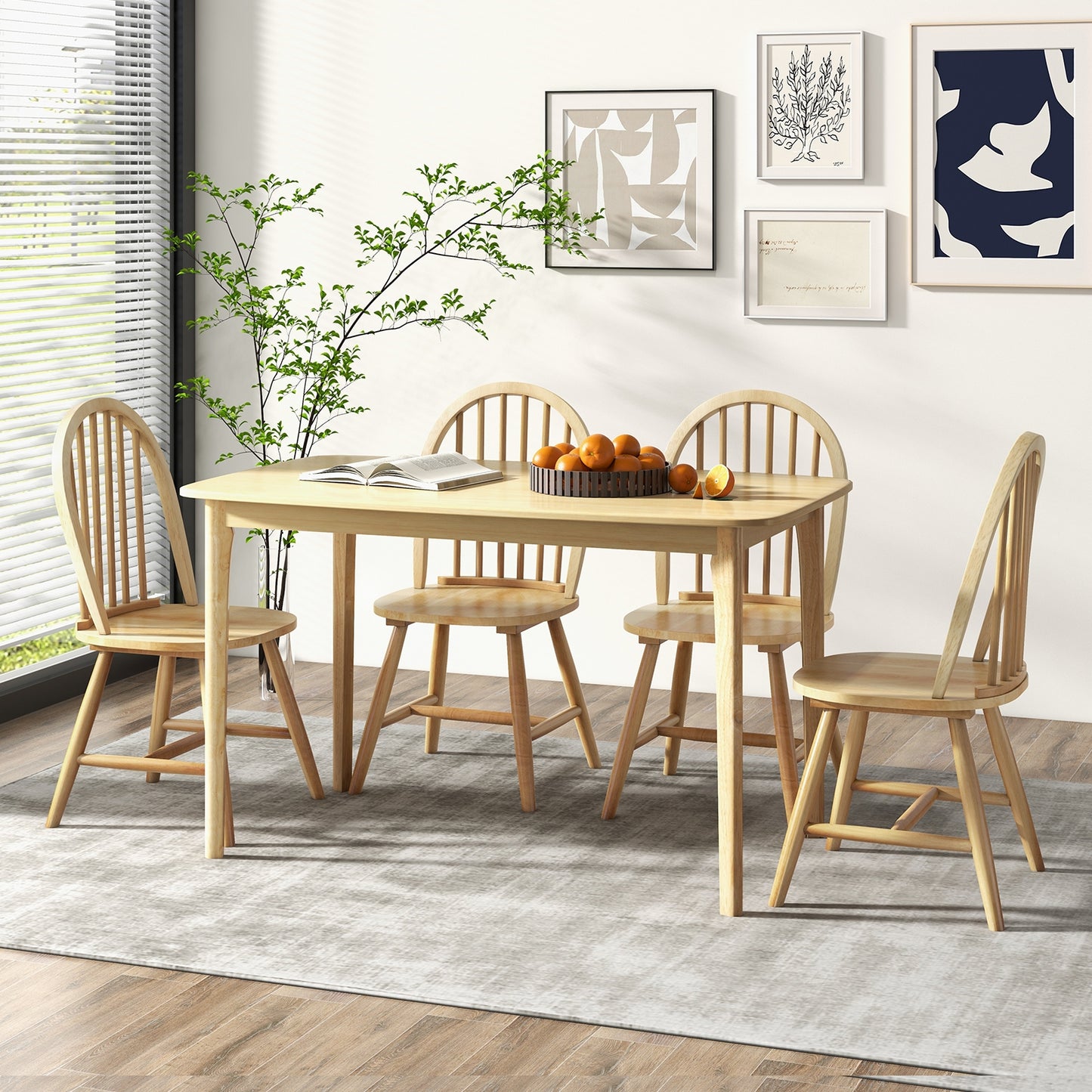 Farmhouse Style 5-Piece Dining Set with Solid Wood Table and 4 Windsor Back Chairs