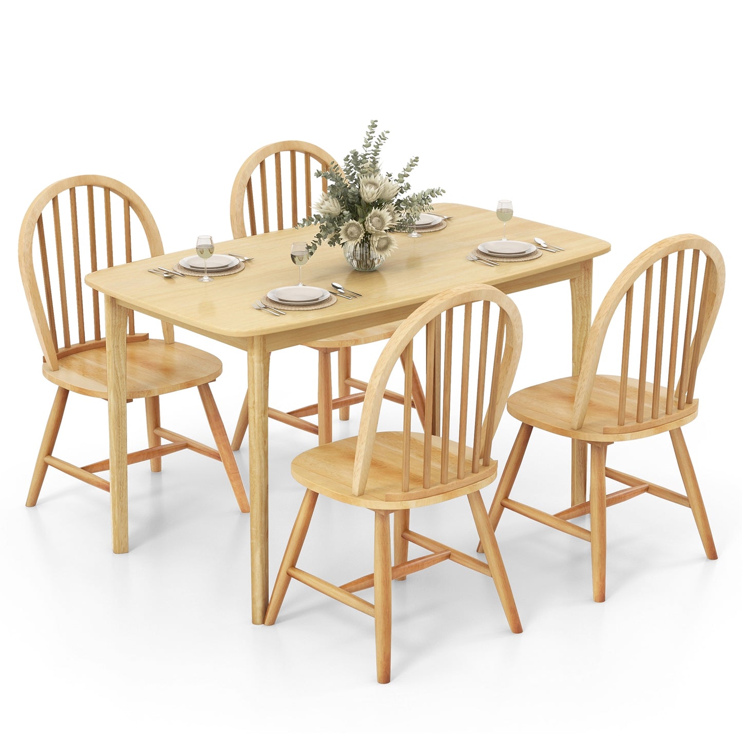Farmhouse Style 5-Piece Dining Set with Solid Wood Table and 4 Windsor Back Chairs