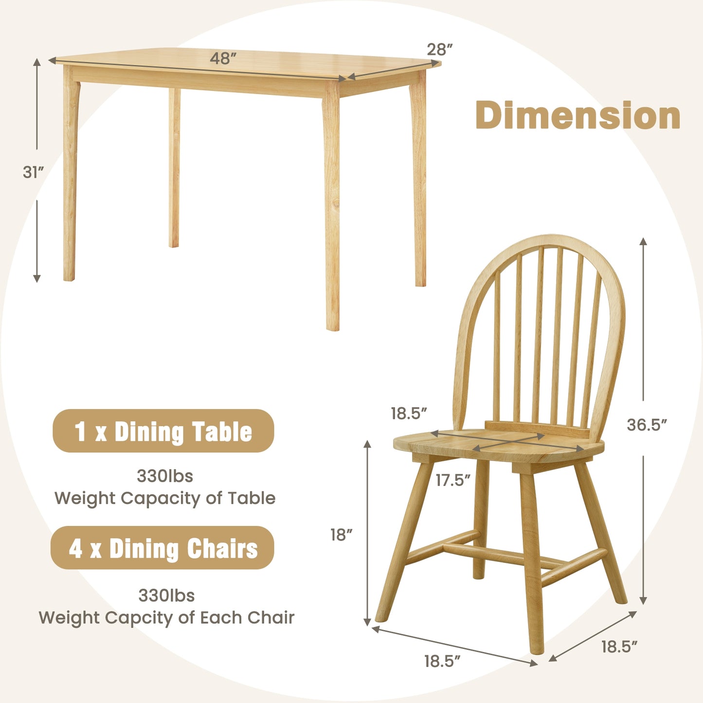 Farmhouse Style 5-Piece Dining Set with Solid Wood Table and 4 Windsor Back Chairs