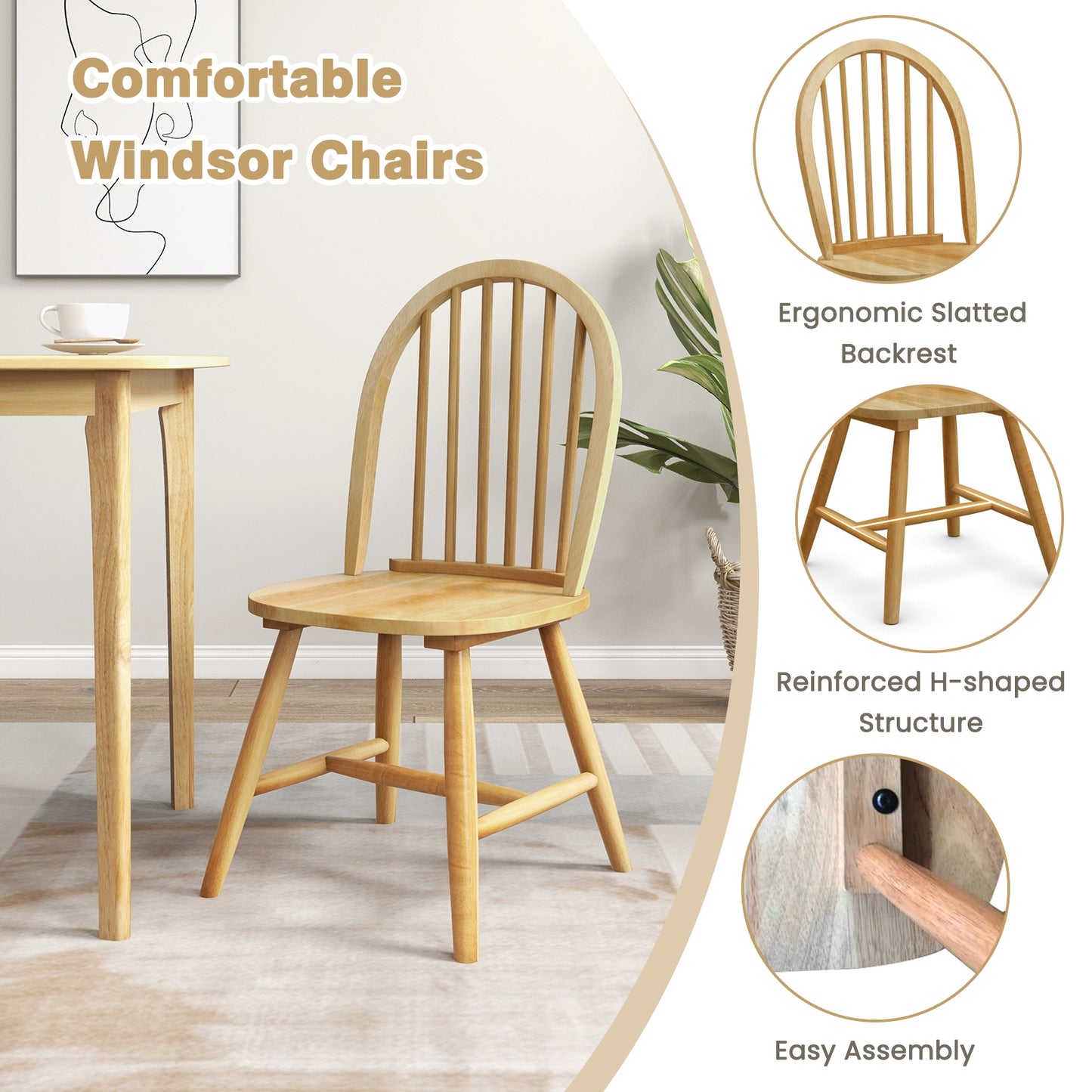 Farmhouse Style 5-Piece Dining Set with Solid Wood Table and 4 Windsor Back Chairs