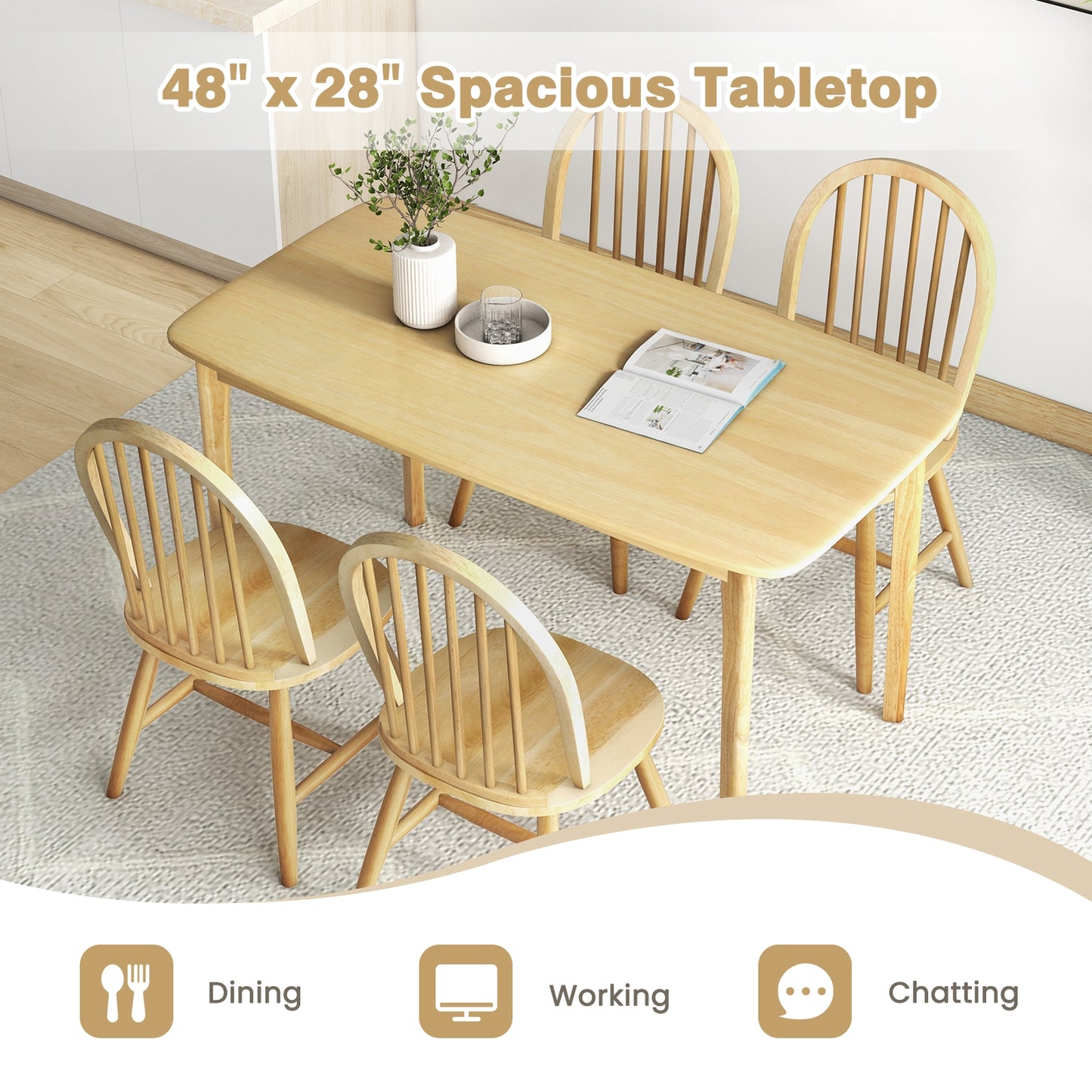 Farmhouse Style 5-Piece Dining Set with Solid Wood Table and 4 Windsor Back Chairs