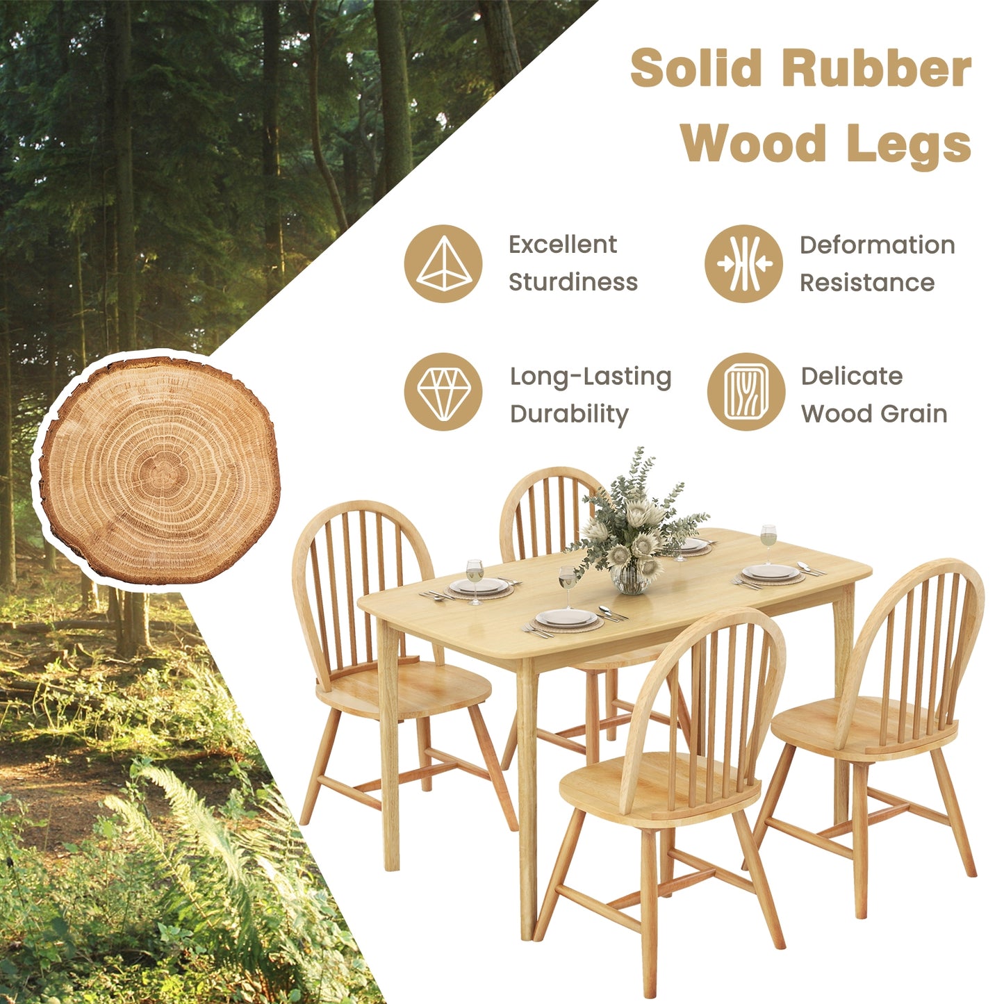 Farmhouse Style 5-Piece Dining Set with Solid Wood Table and 4 Windsor Back Chairs