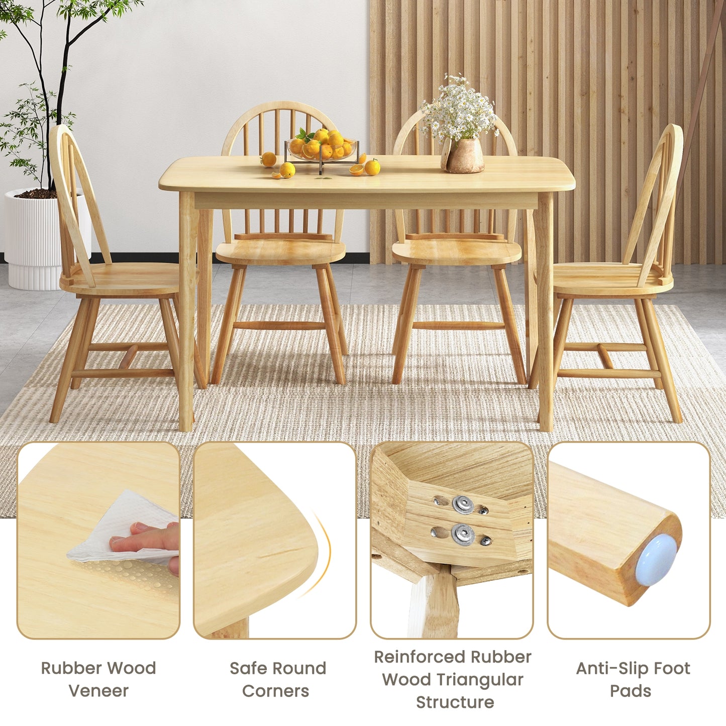 Farmhouse Style 5-Piece Dining Set with Solid Wood Table and 4 Windsor Back Chairs