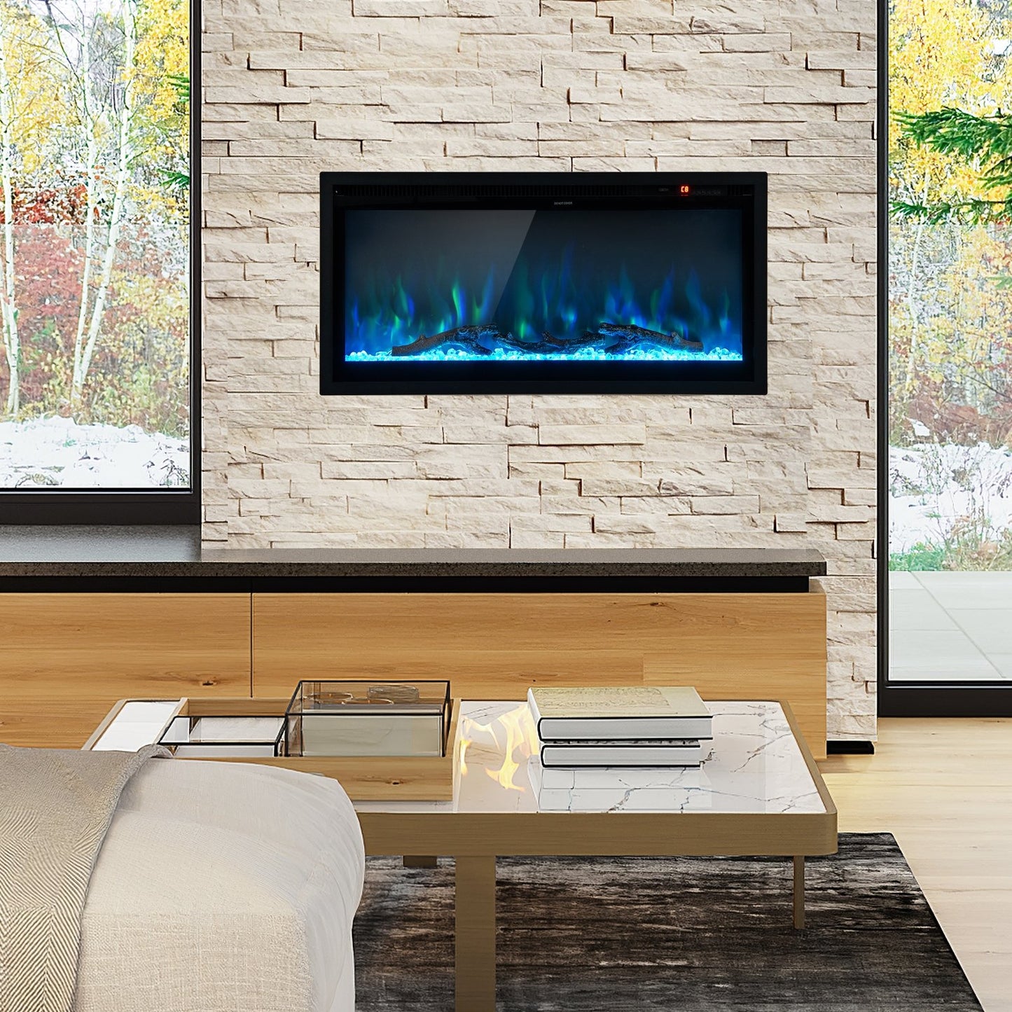 36/42/50 Inch Electric Fireplace In-Wall Recessed with Remote Control, Adjustable Color & Brightness