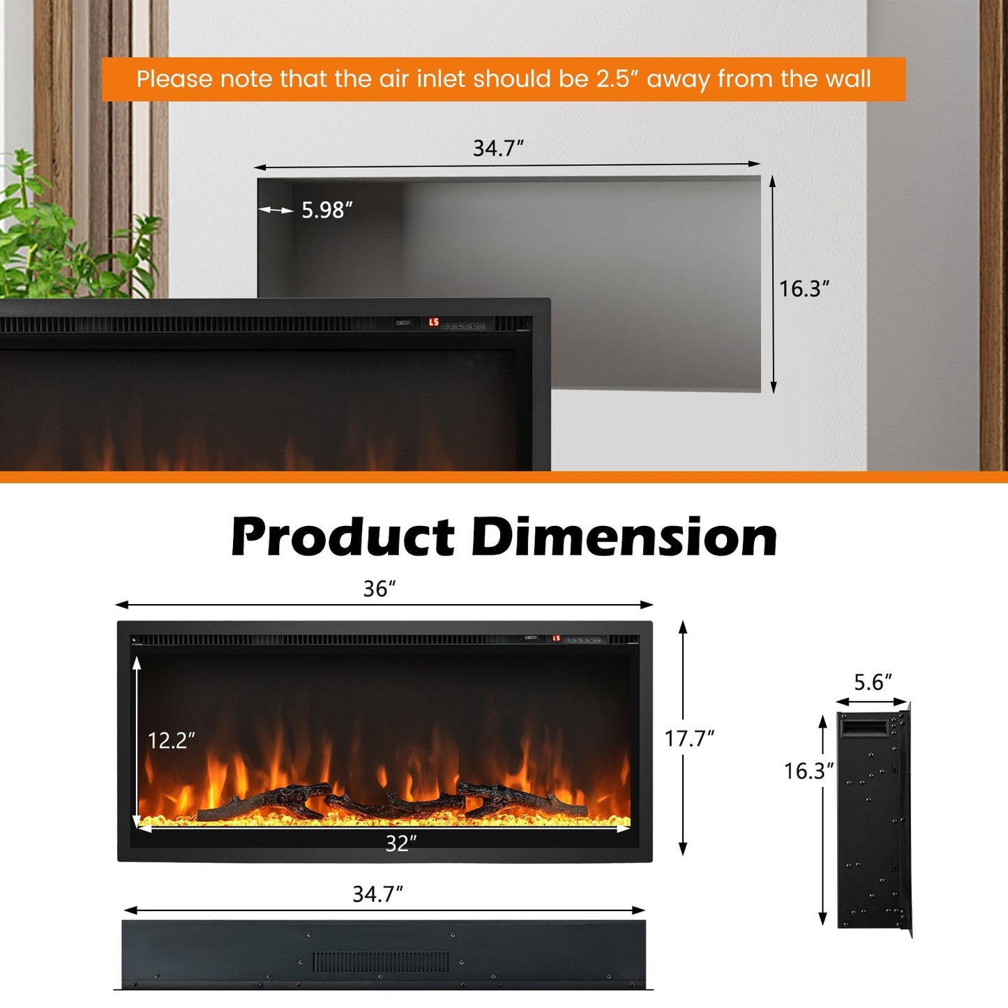 36/42/50 Inch Electric Fireplace In-Wall Recessed with Remote Control, Adjustable Color & Brightness