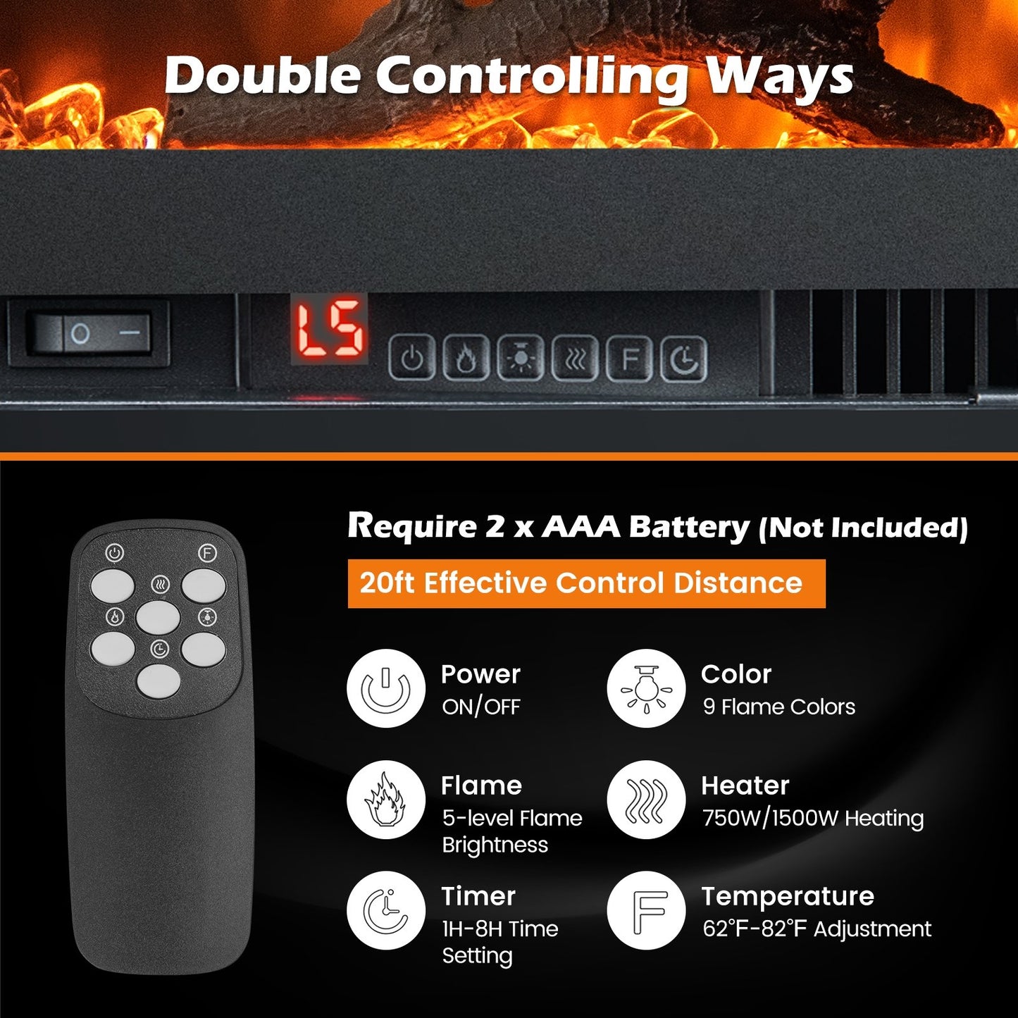 36/42/50 Inch Electric Fireplace In-Wall Recessed with Remote Control, Adjustable Color & Brightness