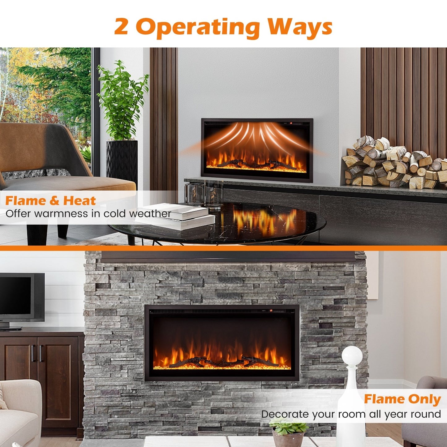 36/42/50 Inch Electric Fireplace In-Wall Recessed with Remote Control, Adjustable Color & Brightness