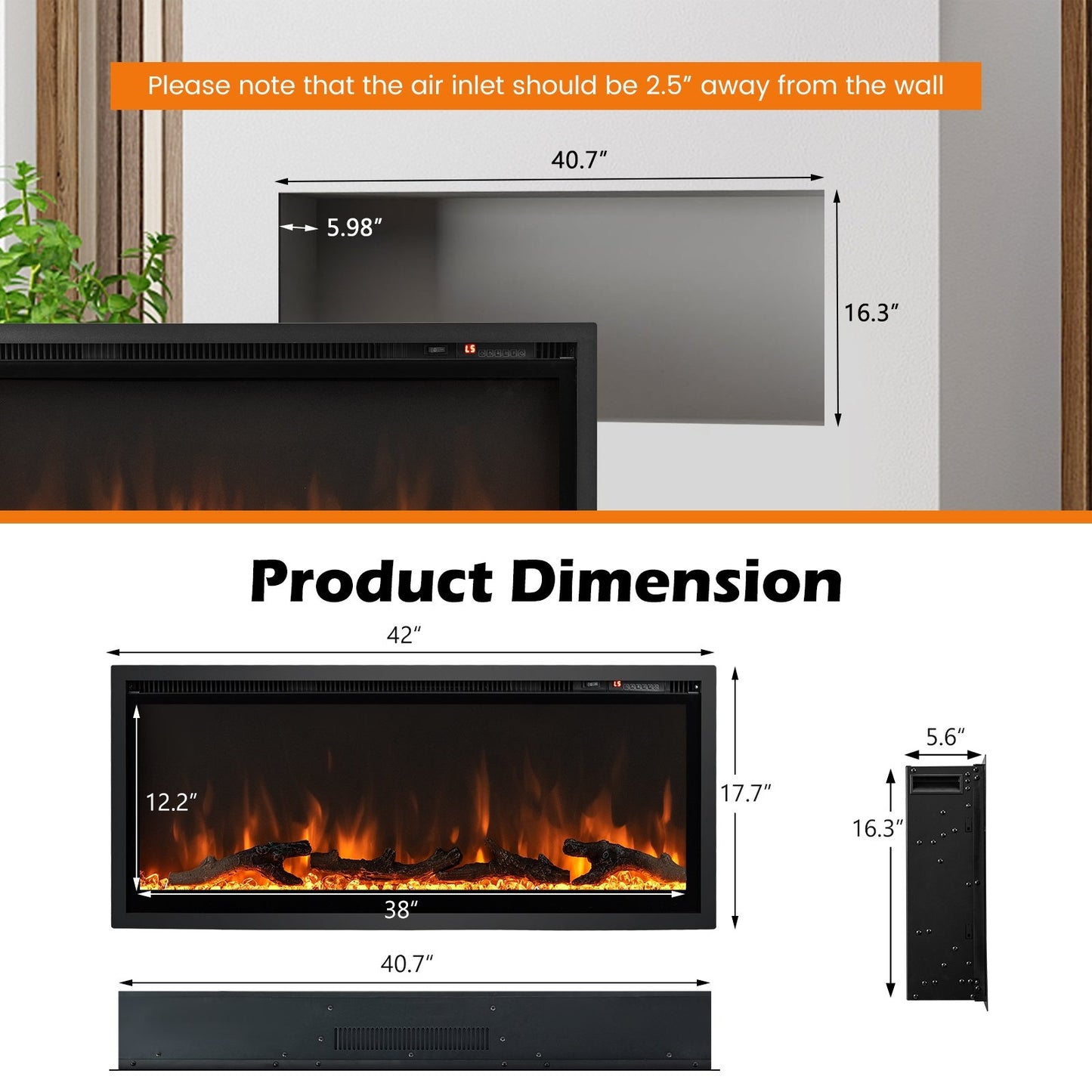 36/42/50 Inch Electric Fireplace In-Wall Recessed with Remote Control, Adjustable Color & Brightness