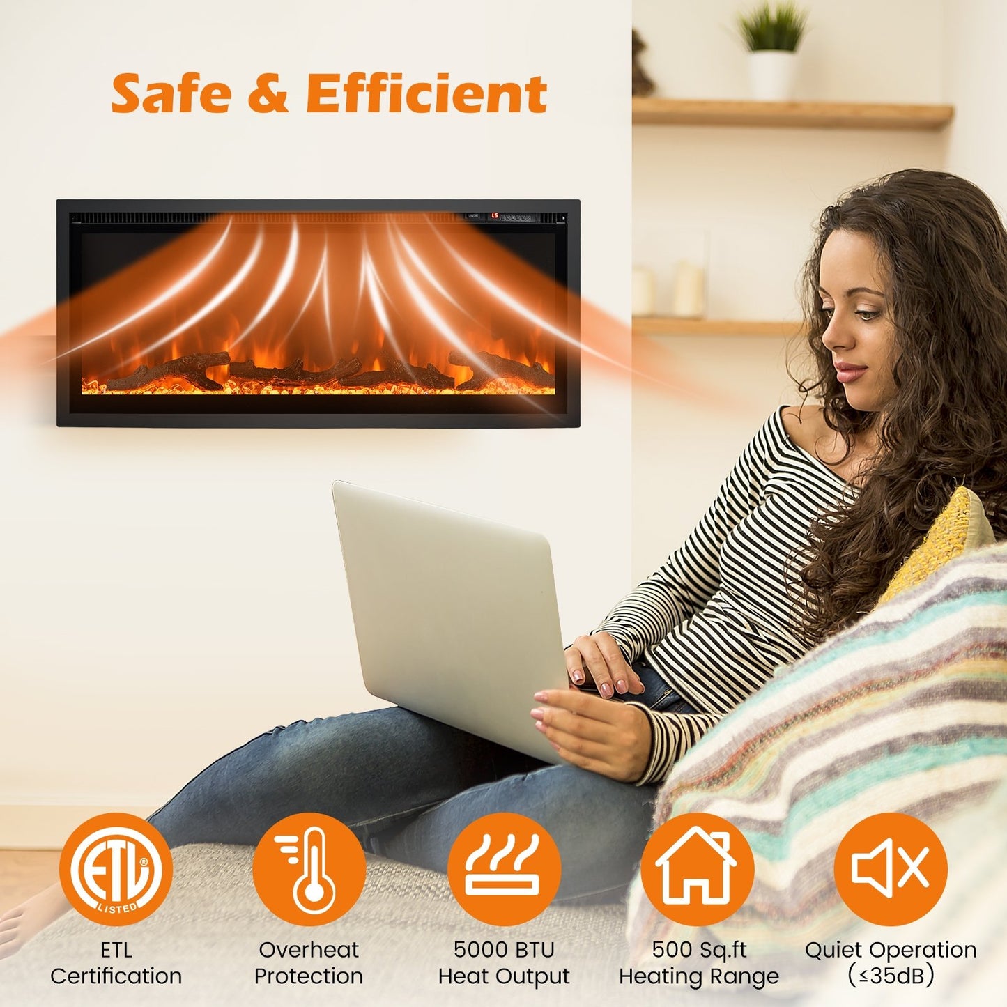 36/42/50 Inch Electric Fireplace In-Wall Recessed with Remote Control, Adjustable Color & Brightness