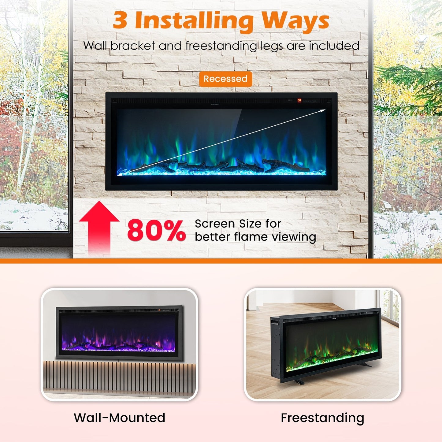 36/42/50 Inch Electric Fireplace In-Wall Recessed with Remote Control, Adjustable Color & Brightness