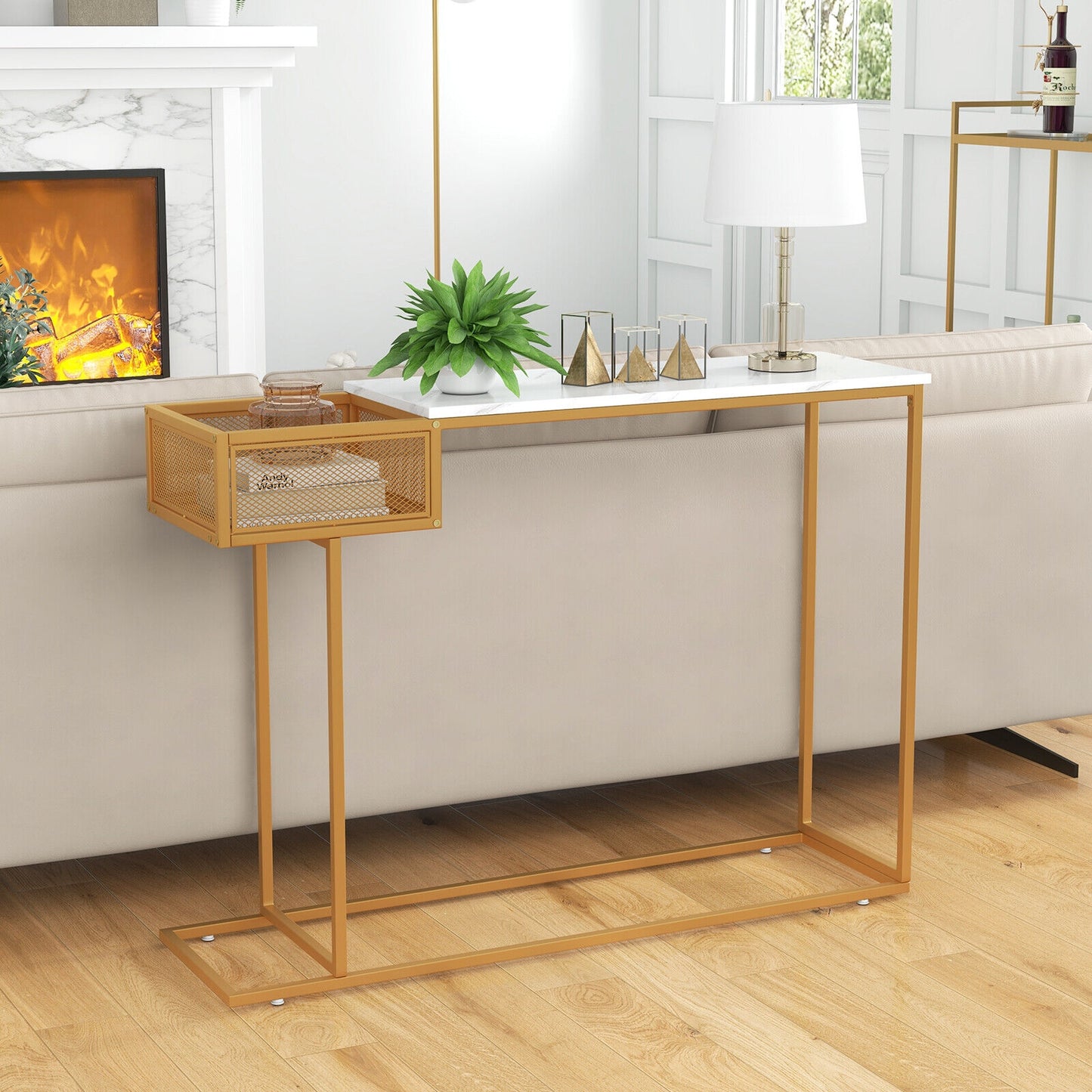 Elegant Rectangular Console Table with White Faux Marble Top and Storage Basket