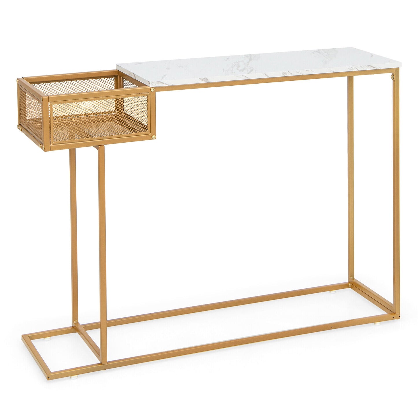 Elegant Rectangular Console Table with White Faux Marble Top and Storage Basket
