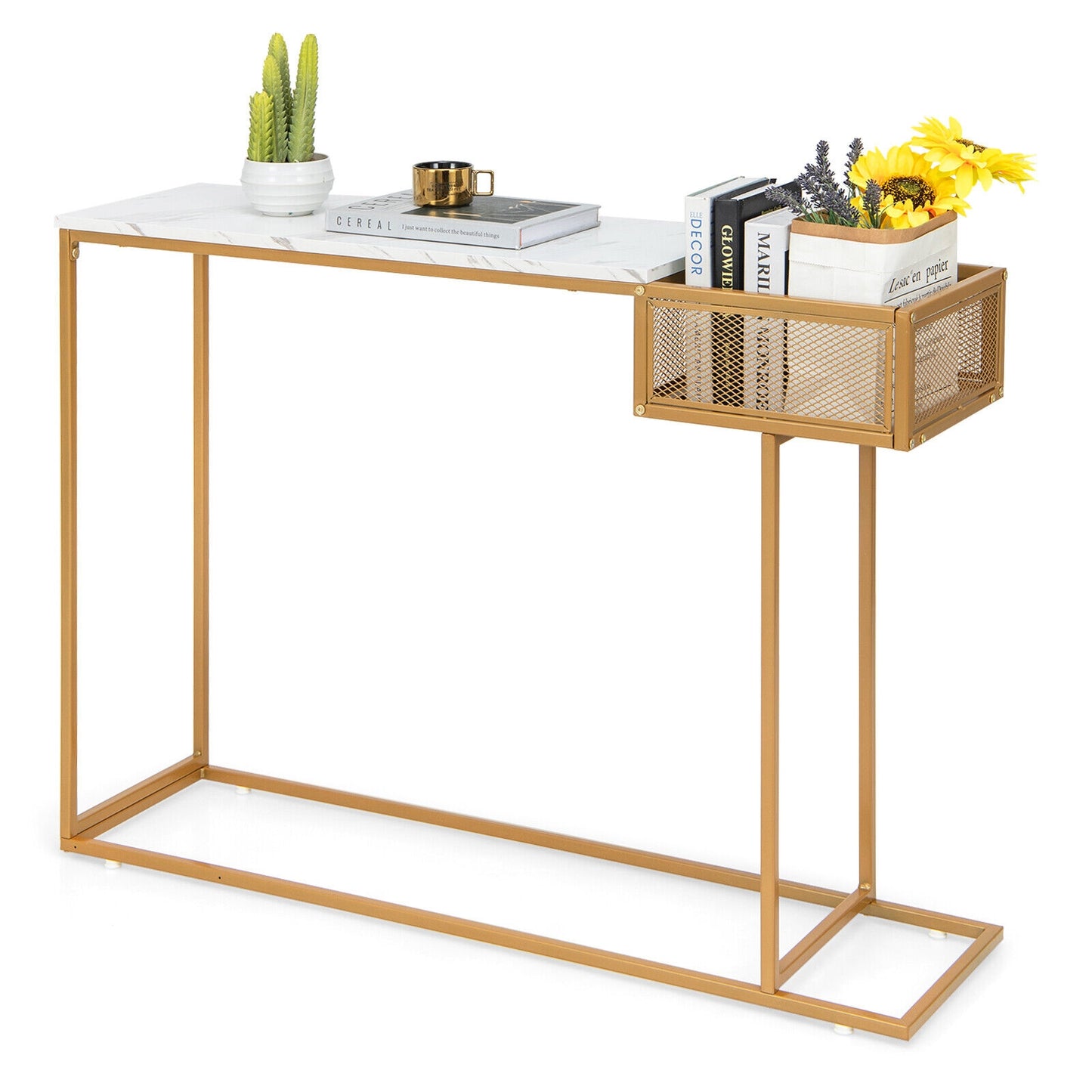 Elegant Rectangular Console Table with White Faux Marble Top and Storage Basket