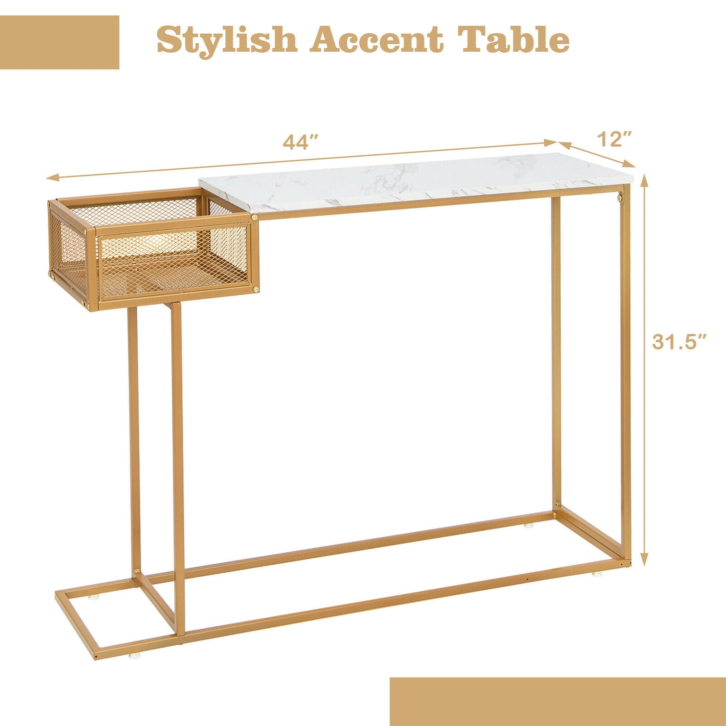 Elegant Rectangular Console Table with White Faux Marble Top and Storage Basket