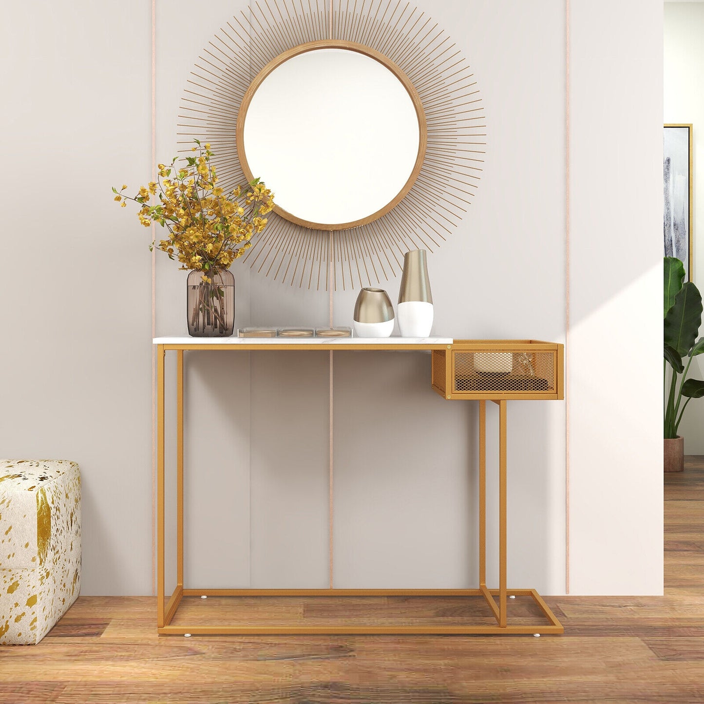Elegant Rectangular Console Table with White Faux Marble Top and Storage Basket