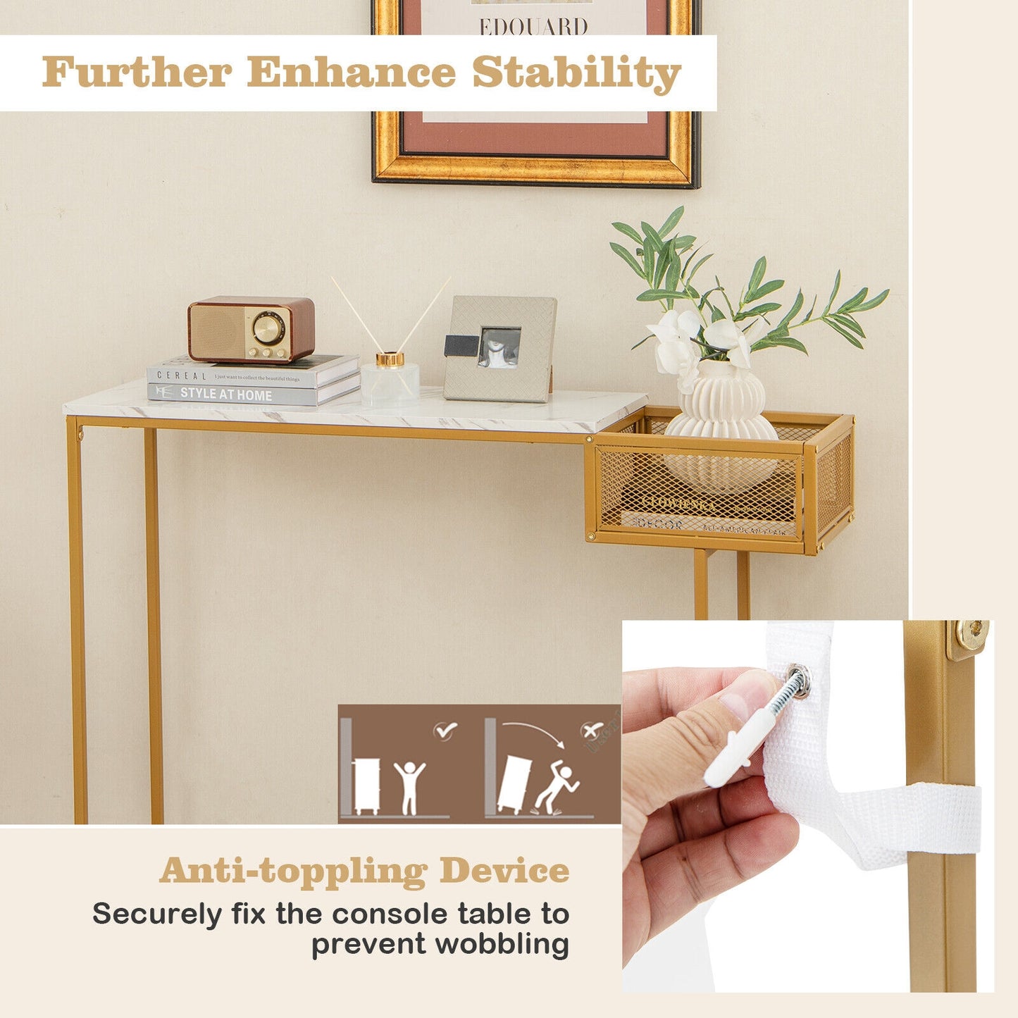 Elegant Rectangular Console Table with White Faux Marble Top and Storage Basket