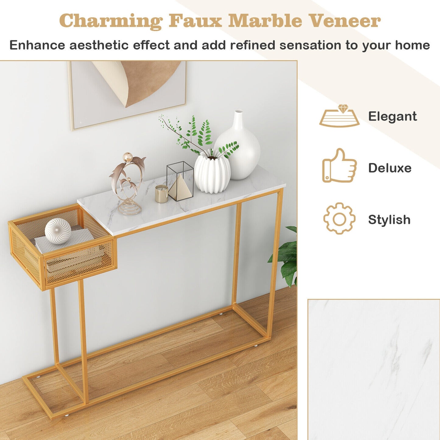 Elegant Rectangular Console Table with White Faux Marble Top and Storage Basket