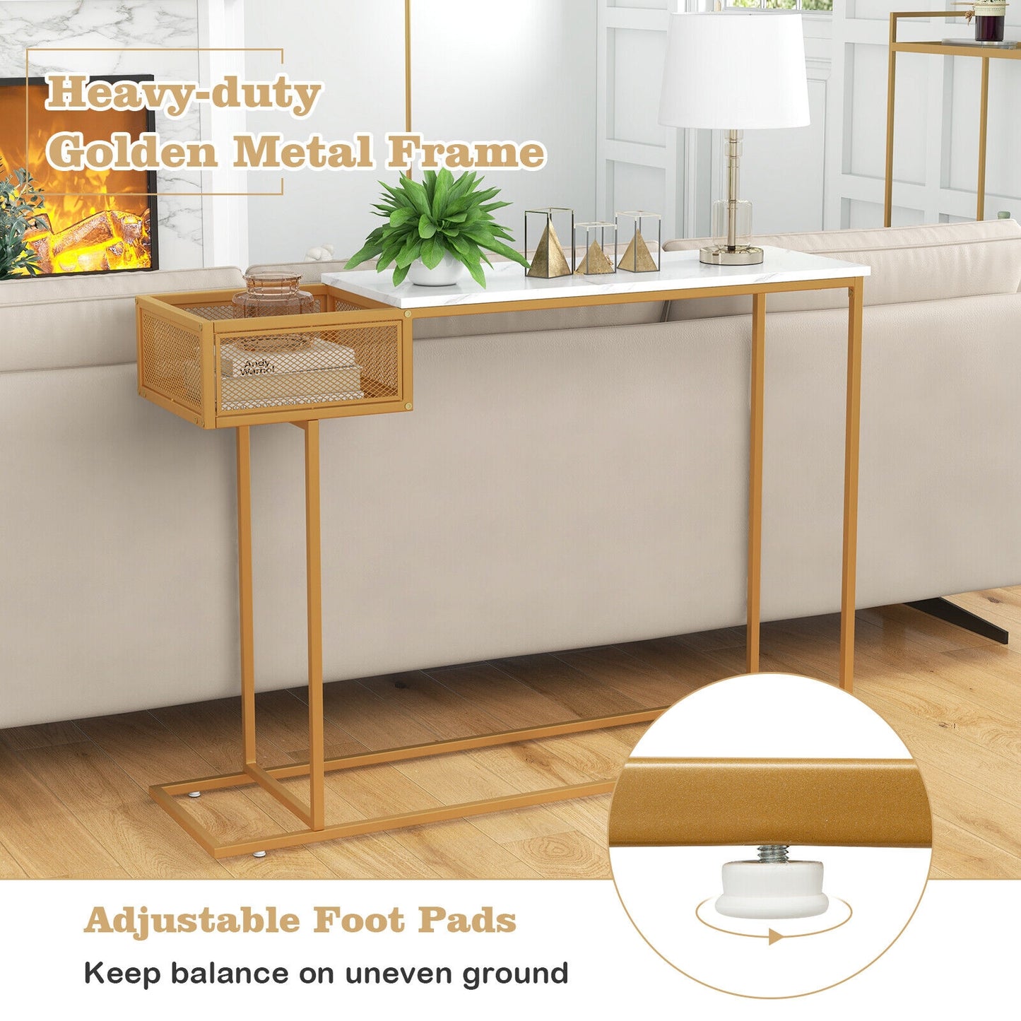 Elegant Rectangular Console Table with White Faux Marble Top and Storage Basket