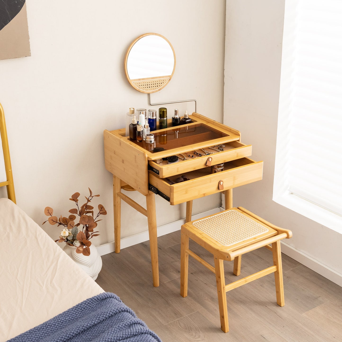 Versatile Bamboo Stool with Rattan Top for Makeup, Entryway or Footrest Use