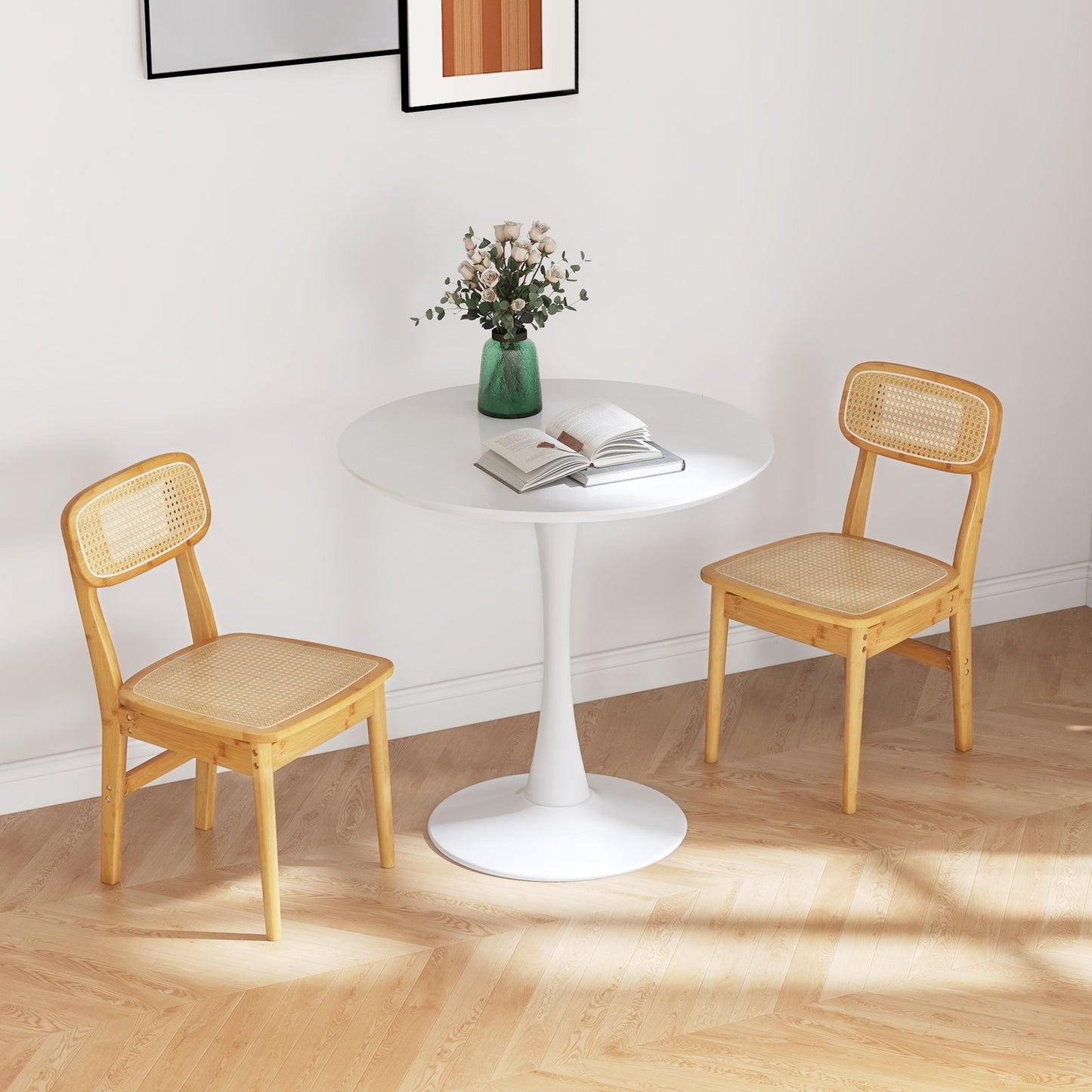 Natural Bamboo Rattan Dining Chairs with Ergonomic Simulated Rattan Backrest, Set of 2