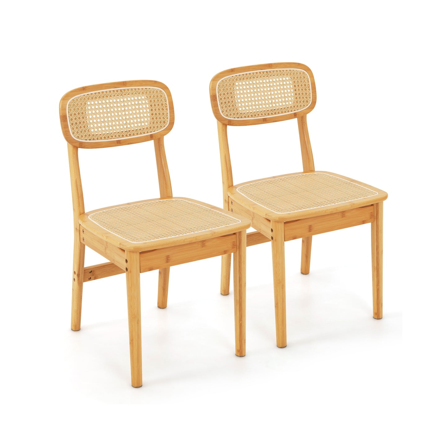 Natural Bamboo Rattan Dining Chairs with Ergonomic Simulated Rattan Backrest, Set of 2