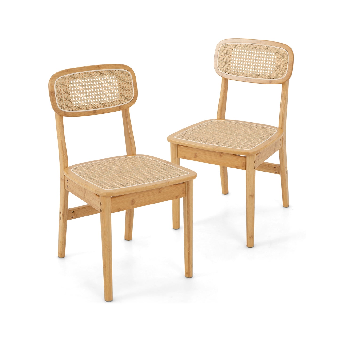 Natural Bamboo Rattan Dining Chairs with Ergonomic Simulated Rattan Backrest, Set of 2