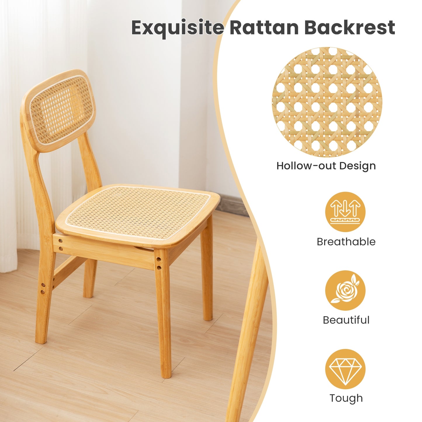 Natural Bamboo Rattan Dining Chairs with Ergonomic Simulated Rattan Backrest, Set of 2