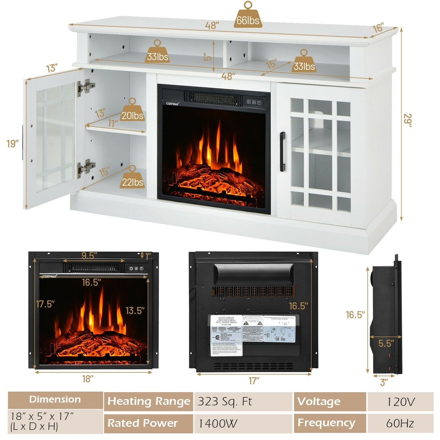 Modern 48 Inch TV Stand with Electric Fireplace and Adjustable Cabinets for TVs Up to 55 Inches - White