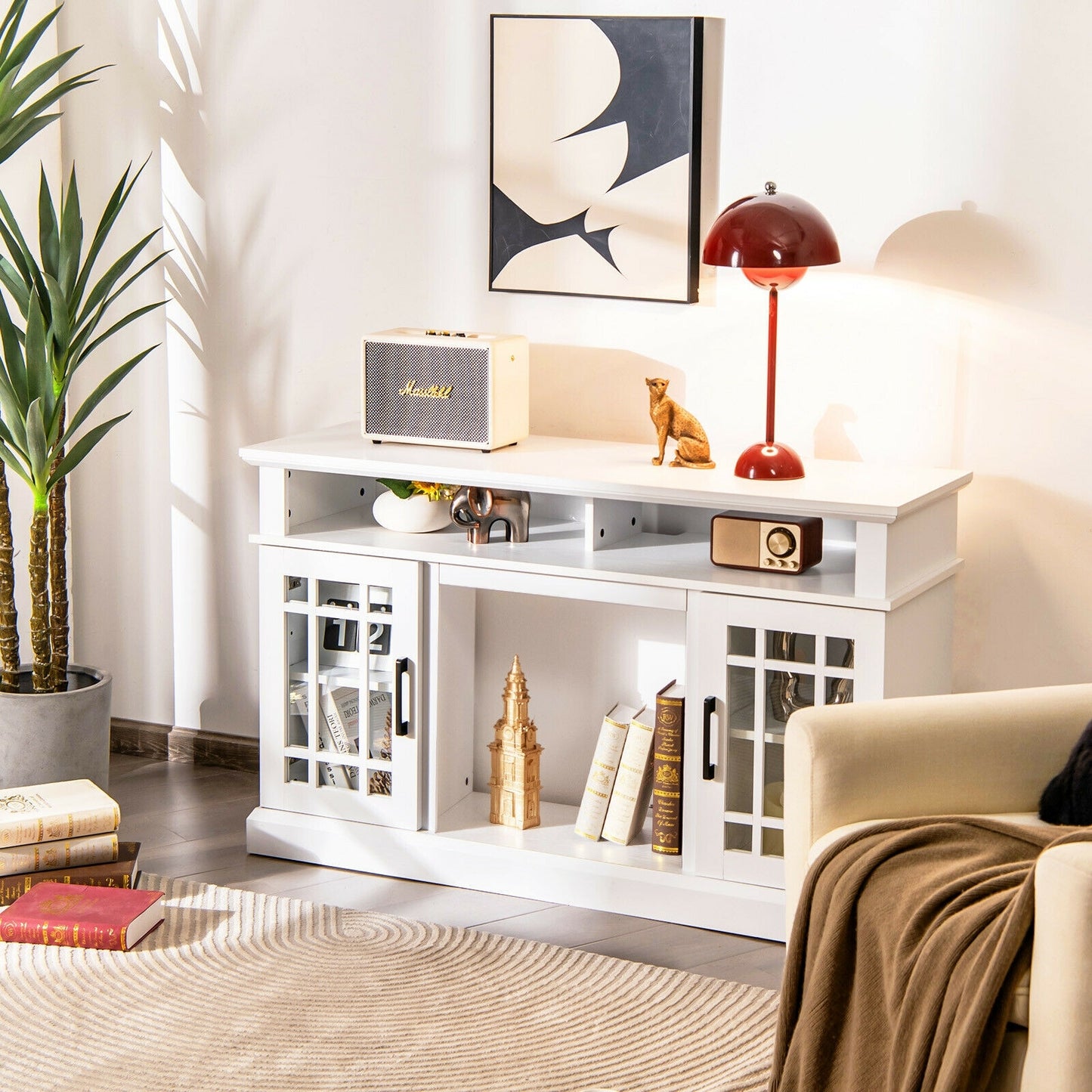 Modern 48 Inch TV Stand with Electric Fireplace and Adjustable Cabinets for TVs Up to 55 Inches - White