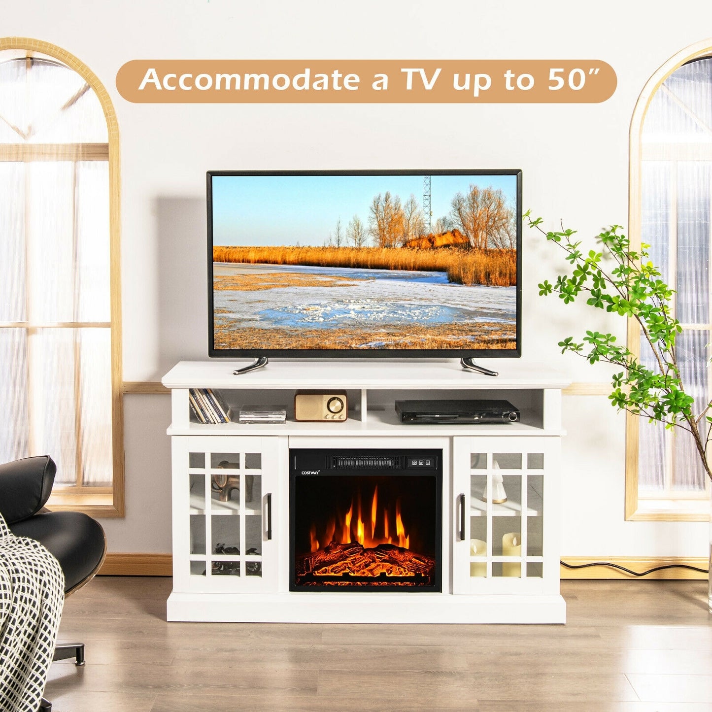 Modern 48 Inch TV Stand with Electric Fireplace and Adjustable Cabinets for TVs Up to 55 Inches - White