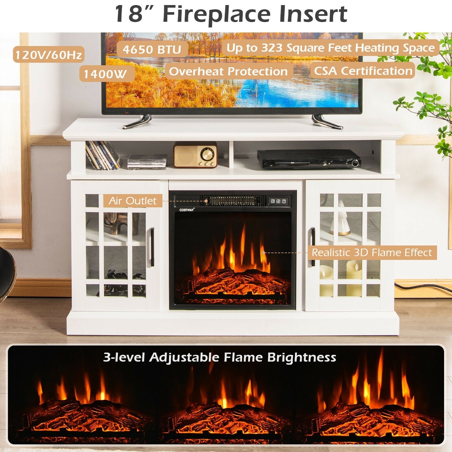 Modern 48 Inch TV Stand with Electric Fireplace and Adjustable Cabinets for TVs Up to 55 Inches - White