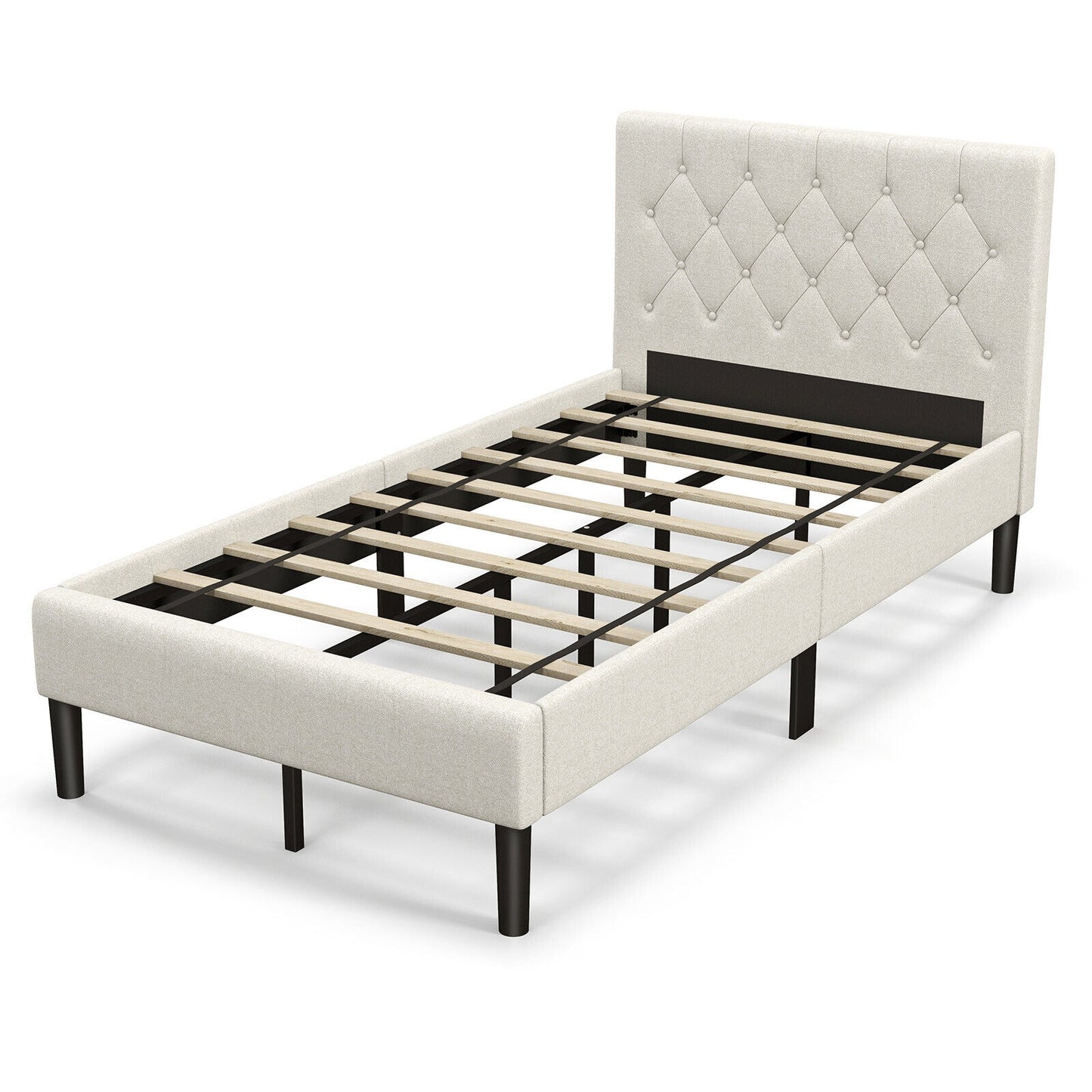Beige Twin Size Upholstered Platform Bed with Button Tufted Headboard & Premium Comfort