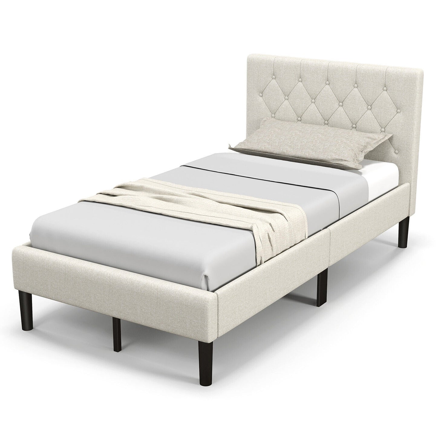 Beige Twin Size Upholstered Platform Bed with Button Tufted Headboard & Premium Comfort