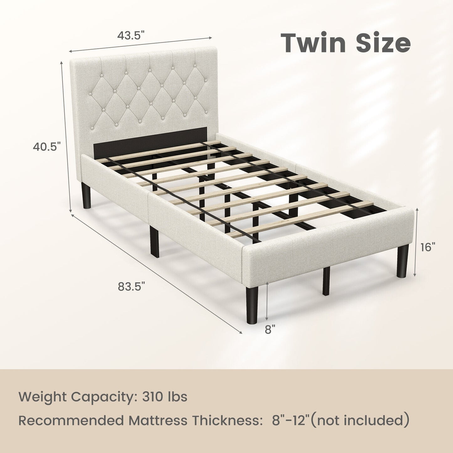 Beige Twin Size Upholstered Platform Bed with Button Tufted Headboard & Premium Comfort