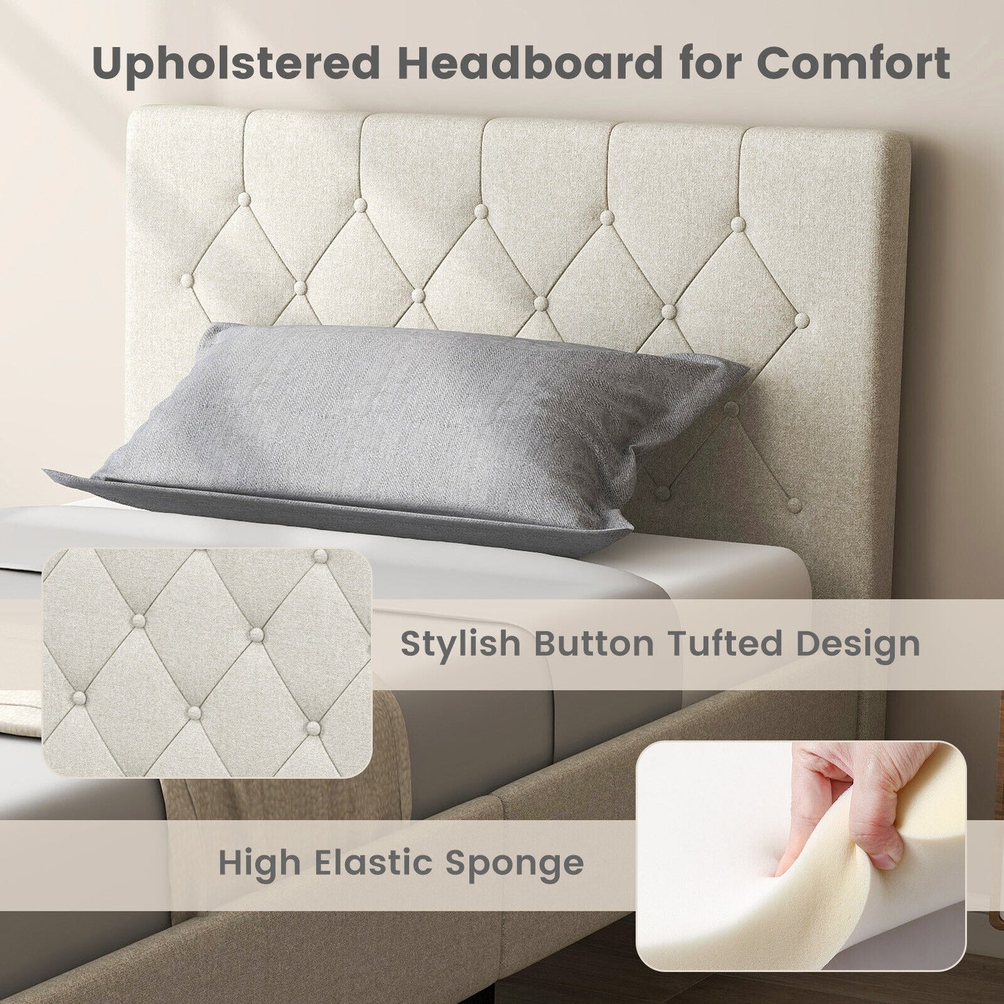 Beige Twin Size Upholstered Platform Bed with Button Tufted Headboard & Premium Comfort