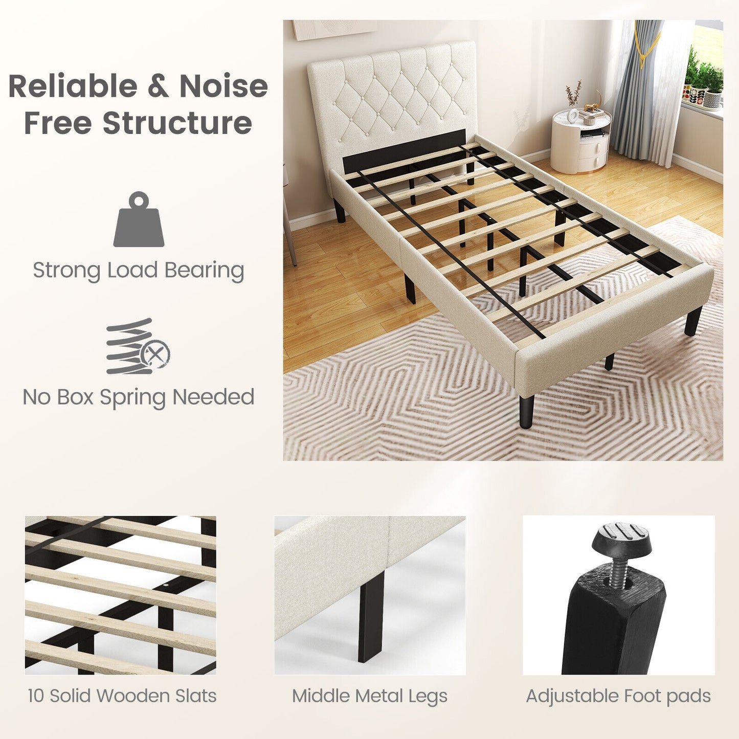 Beige Twin Size Upholstered Platform Bed with Button Tufted Headboard & Premium Comfort