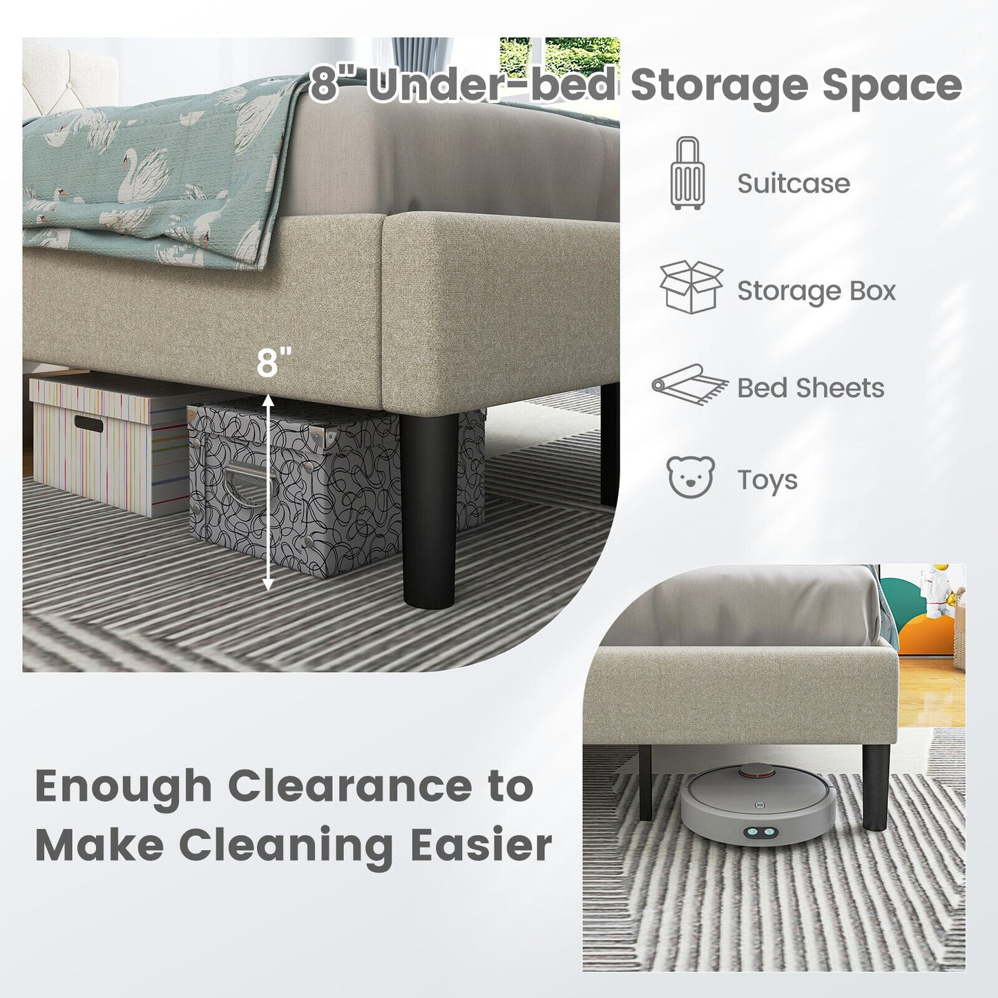 Beige Twin Size Upholstered Platform Bed with Button Tufted Headboard & Premium Comfort