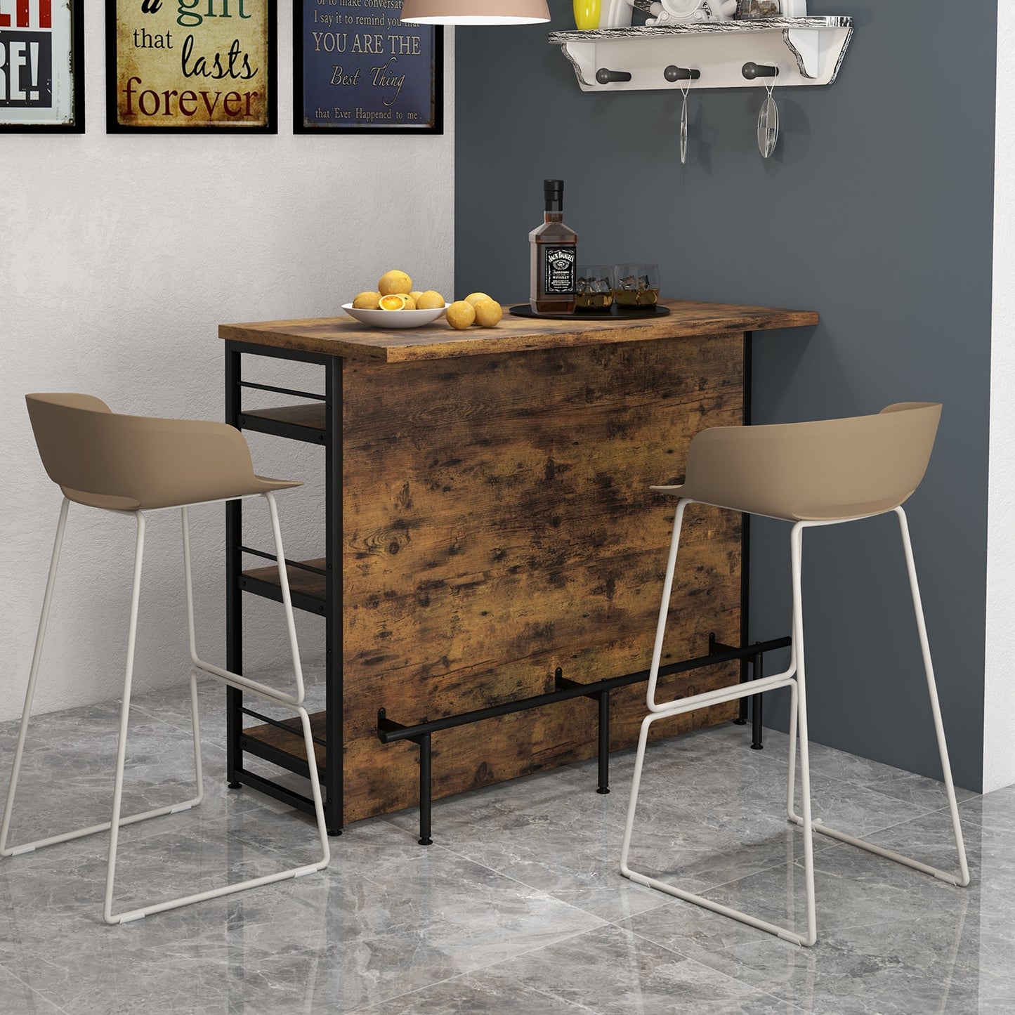 Multi-Level Kitchen Island Table with Wine Rack and Foot Bar - Rustic Brown