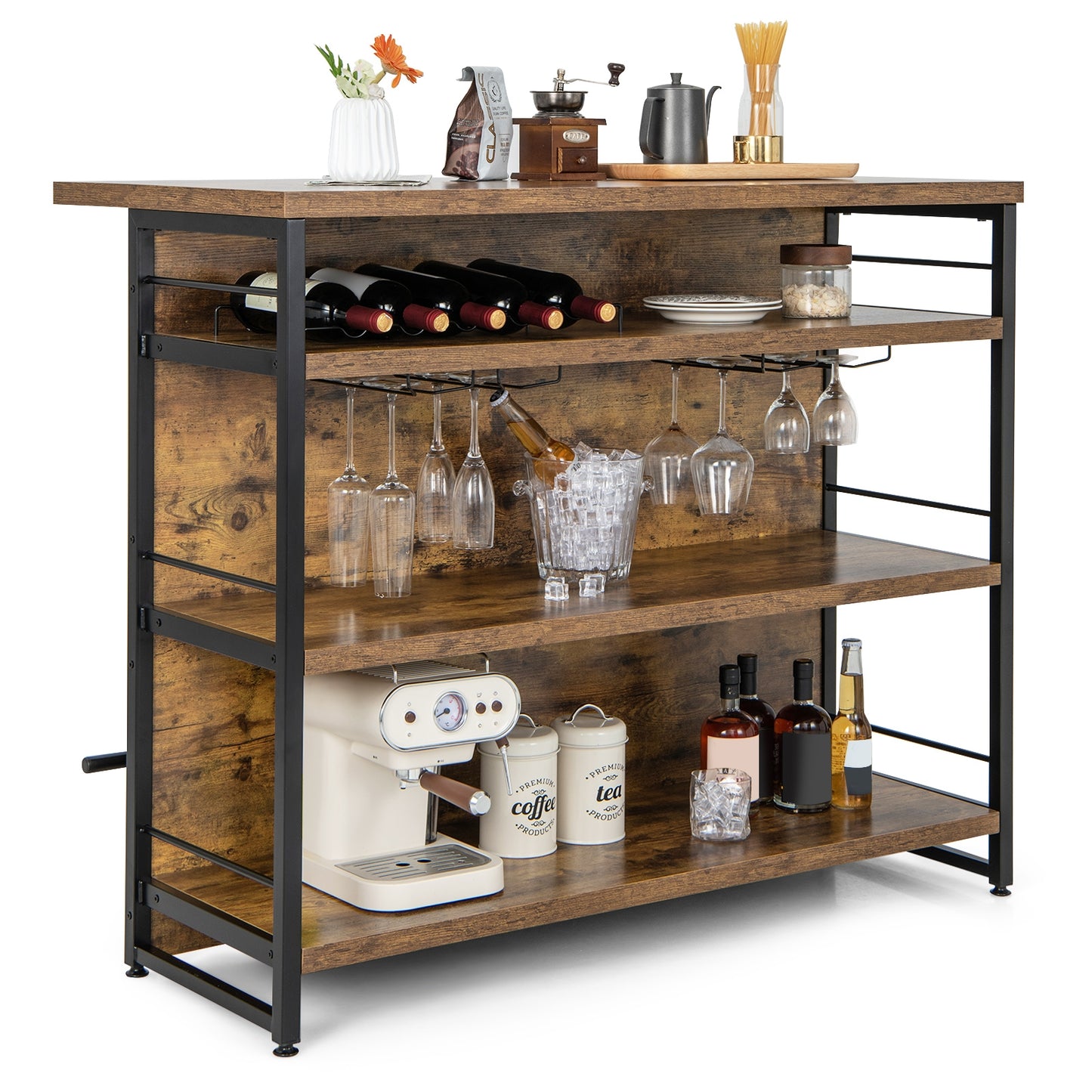 Multi-Level Kitchen Island Table with Wine Rack and Foot Bar - Rustic Brown